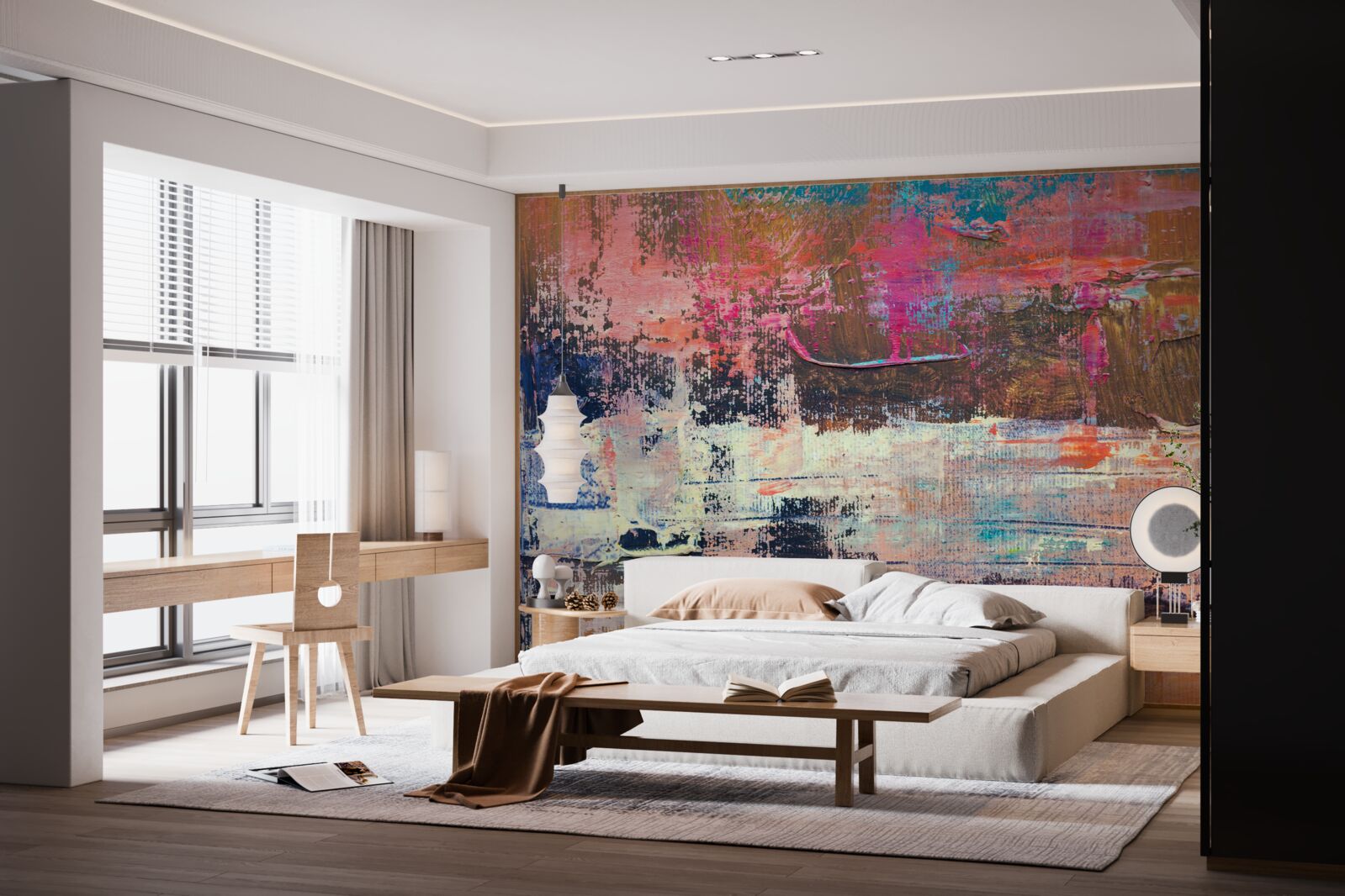 Фотошпалери захід сонця в лісі, забарвленому в рожеві відтінки