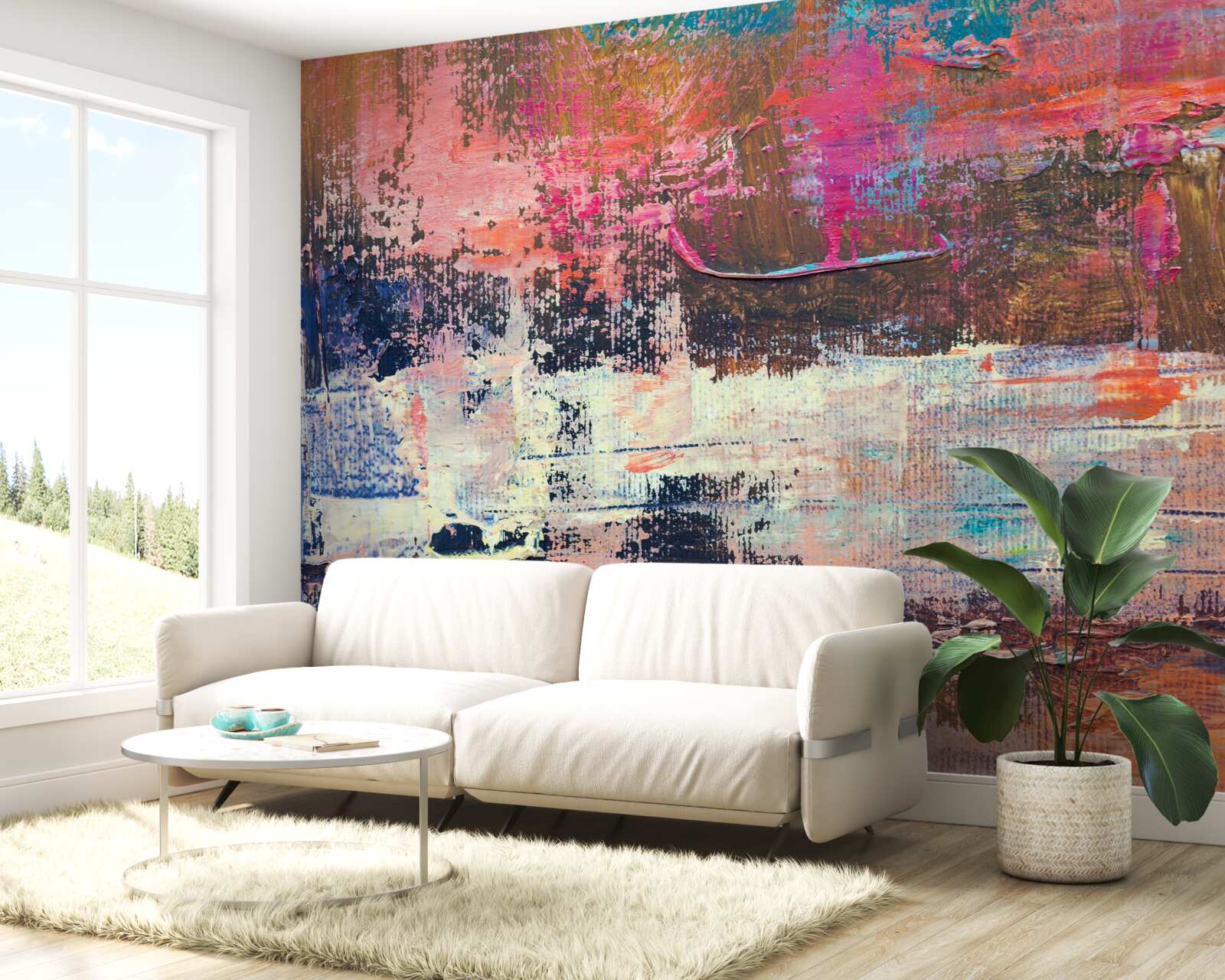 Фотошпалери захід сонця в лісі, забарвленому в рожеві відтінки