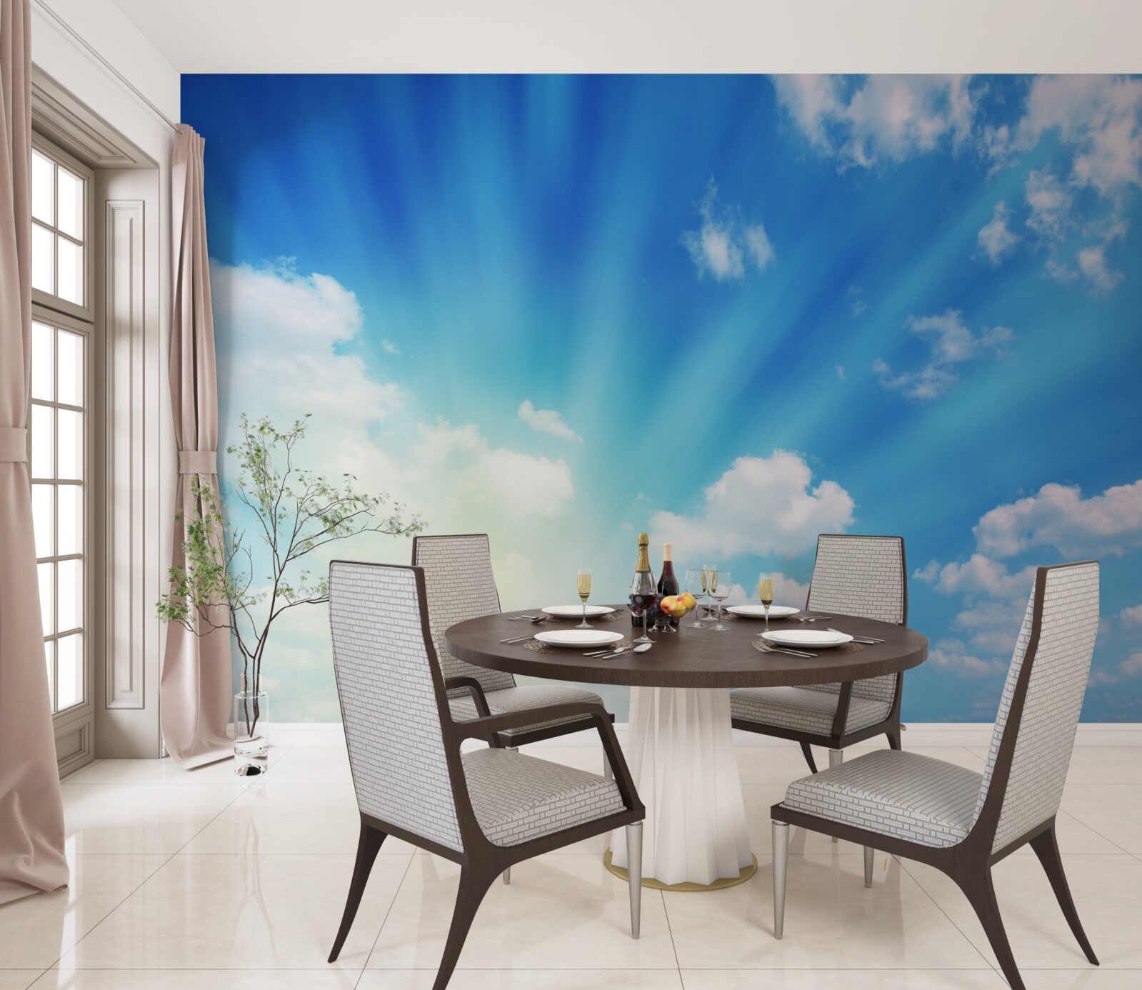 Фотошпалери яскраві промені сонця світять у блакитному небі