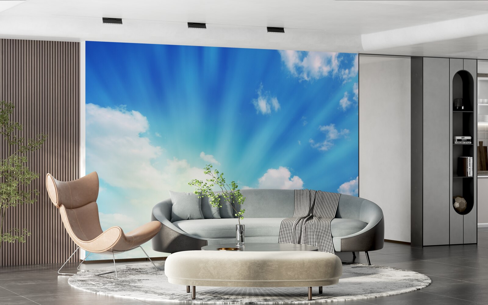 Фотошпалери яскраві промені сонця світять у блакитному небі