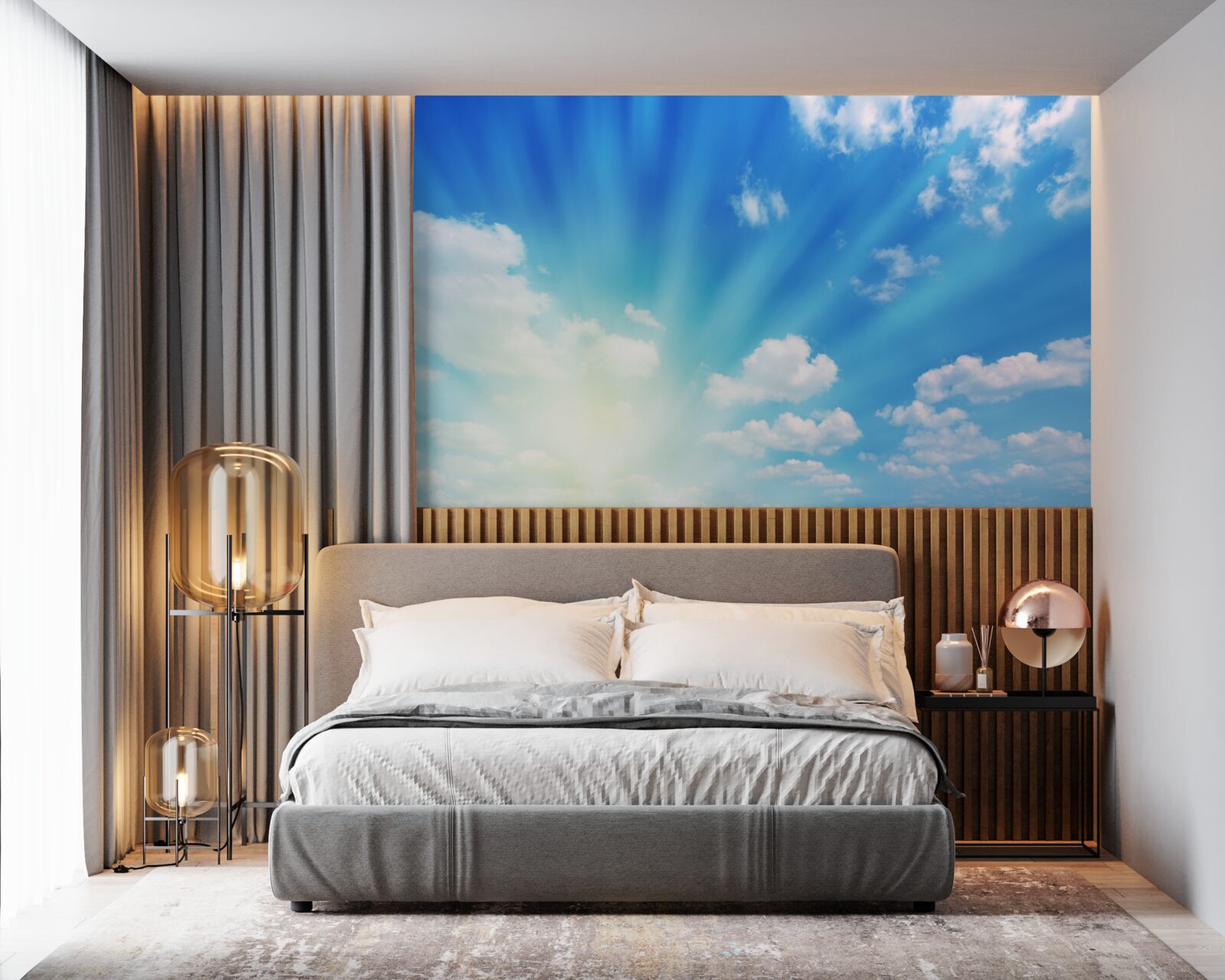 Фотошпалери яскраві промені сонця світять у блакитному небі