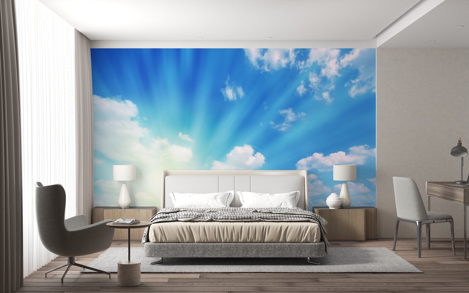 Фотошпалери яскраві промені сонця світять у блакитному небі