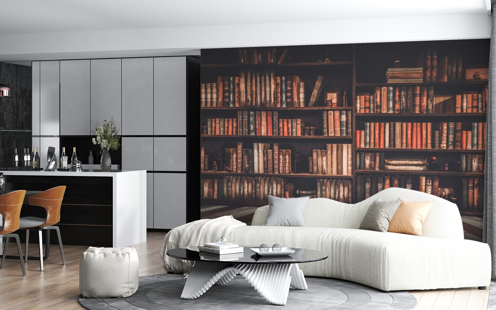 Фотошпалери книжки, нагромаджені на полицях