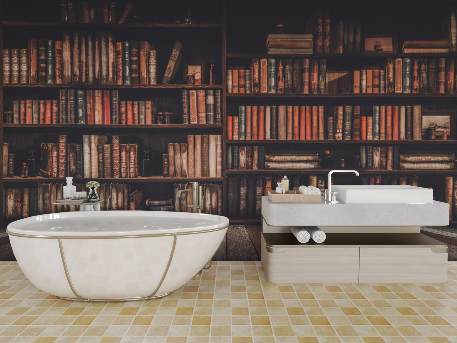 Фотошпалери книжки, нагромаджені на полицях