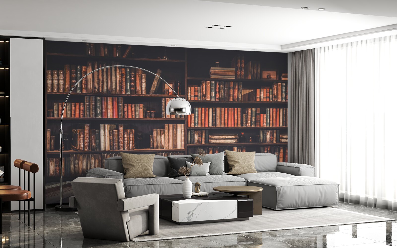 Фотошпалери книжки, нагромаджені на полицях