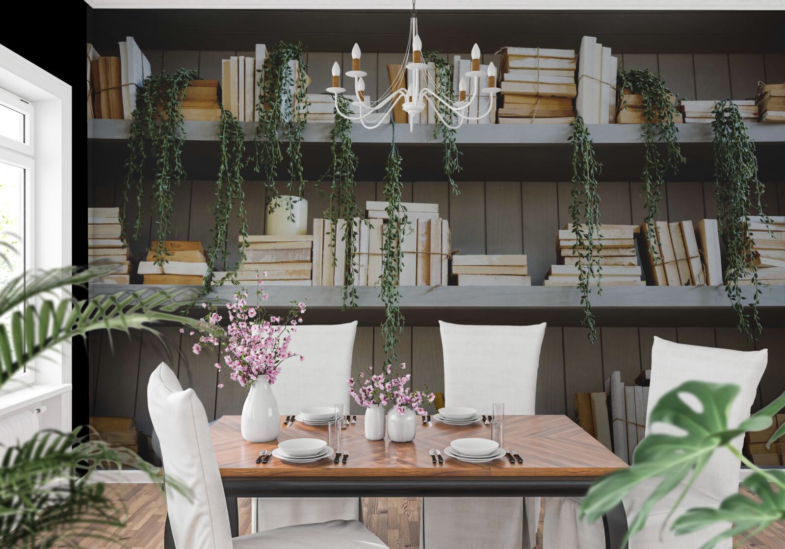 Фотошпалери полиці з книгами та зеленими рослинами створюють затишну атмосферу