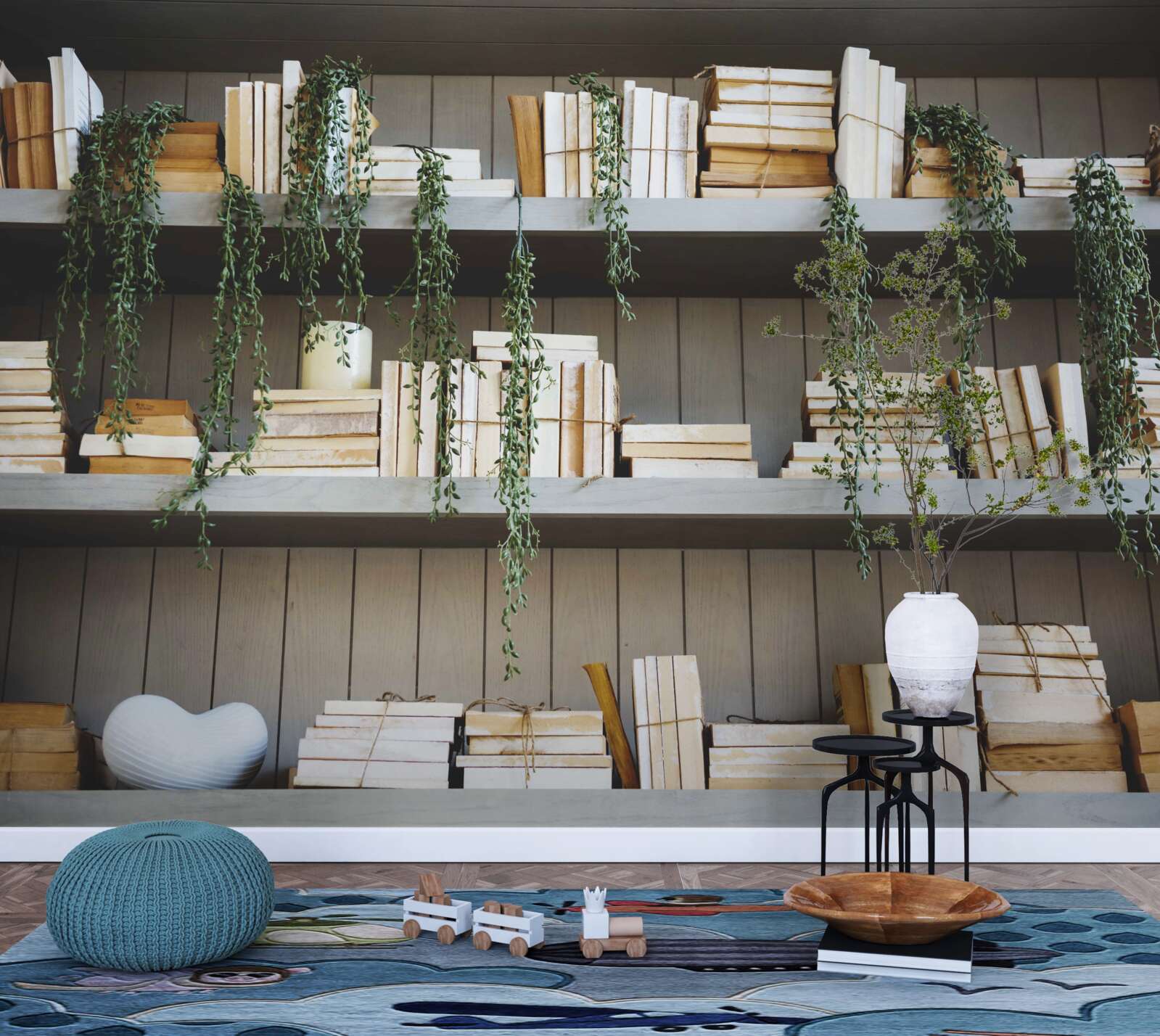 Фотошпалери полиці з книгами та зеленими рослинами створюють затишну атмосферу