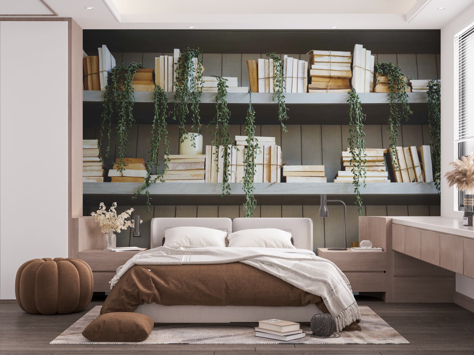 Фотошпалери полиці з книгами та зеленими рослинами створюють затишну атмосферу