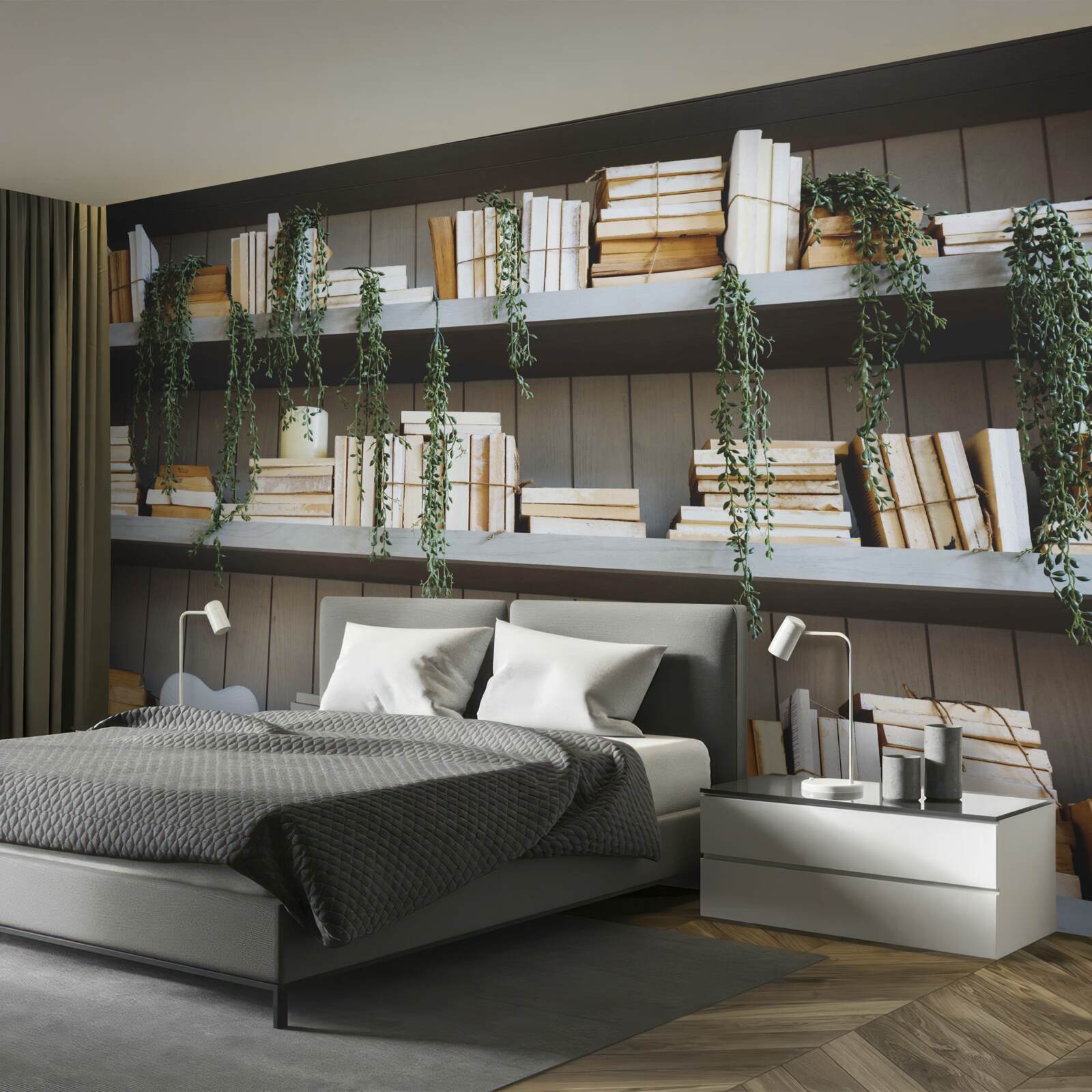 Фотошпалери полиці з книгами та зеленими рослинами створюють затишну атмосферу