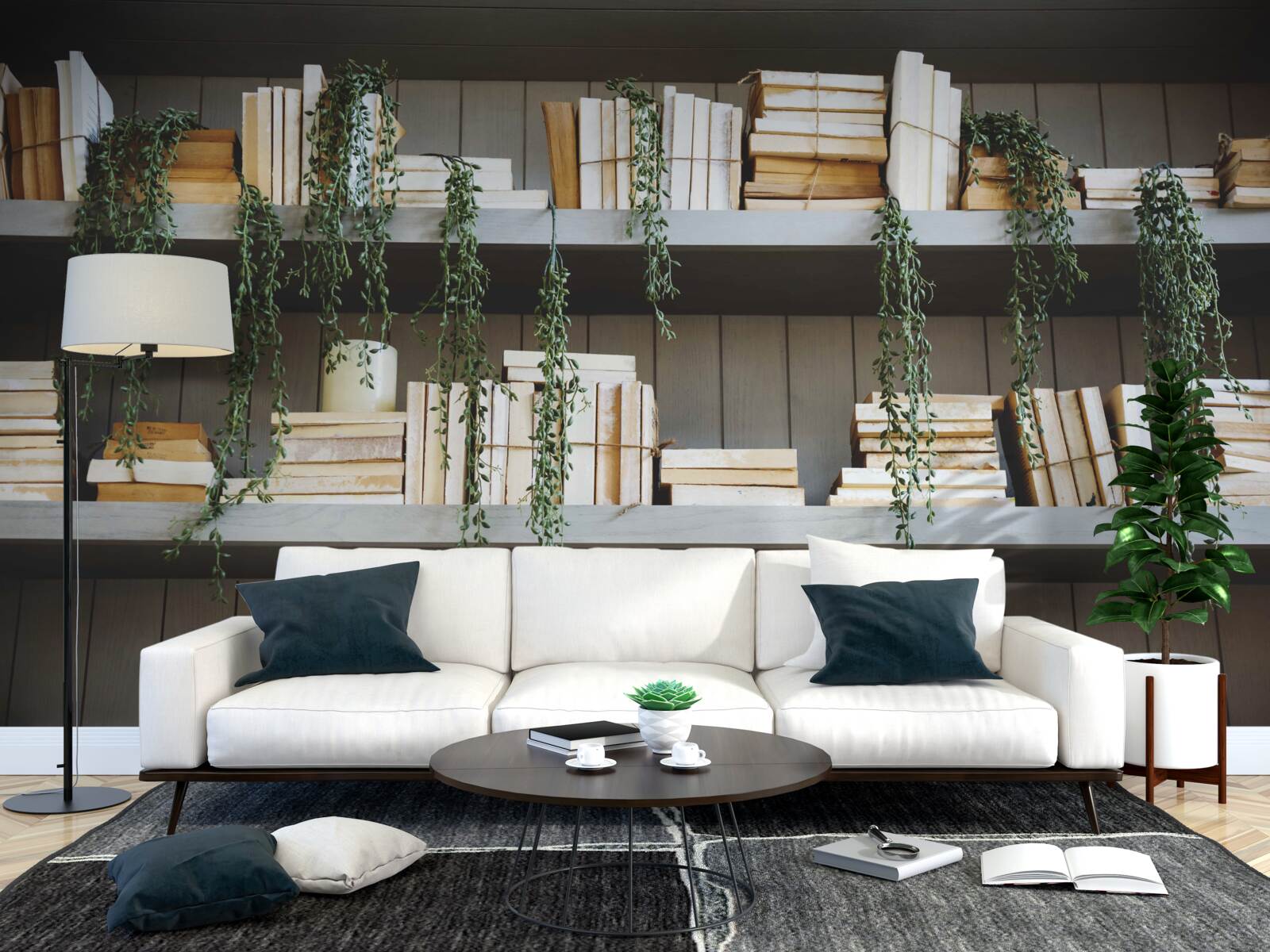 Фотошпалери полиці з книгами та зеленими рослинами створюють затишну атмосферу