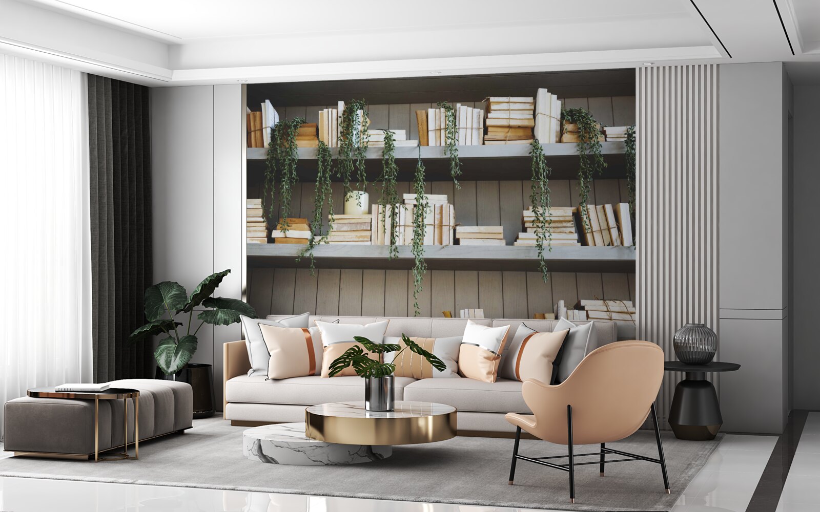 Фотошпалери полиці з книгами та зеленими рослинами створюють затишну атмосферу