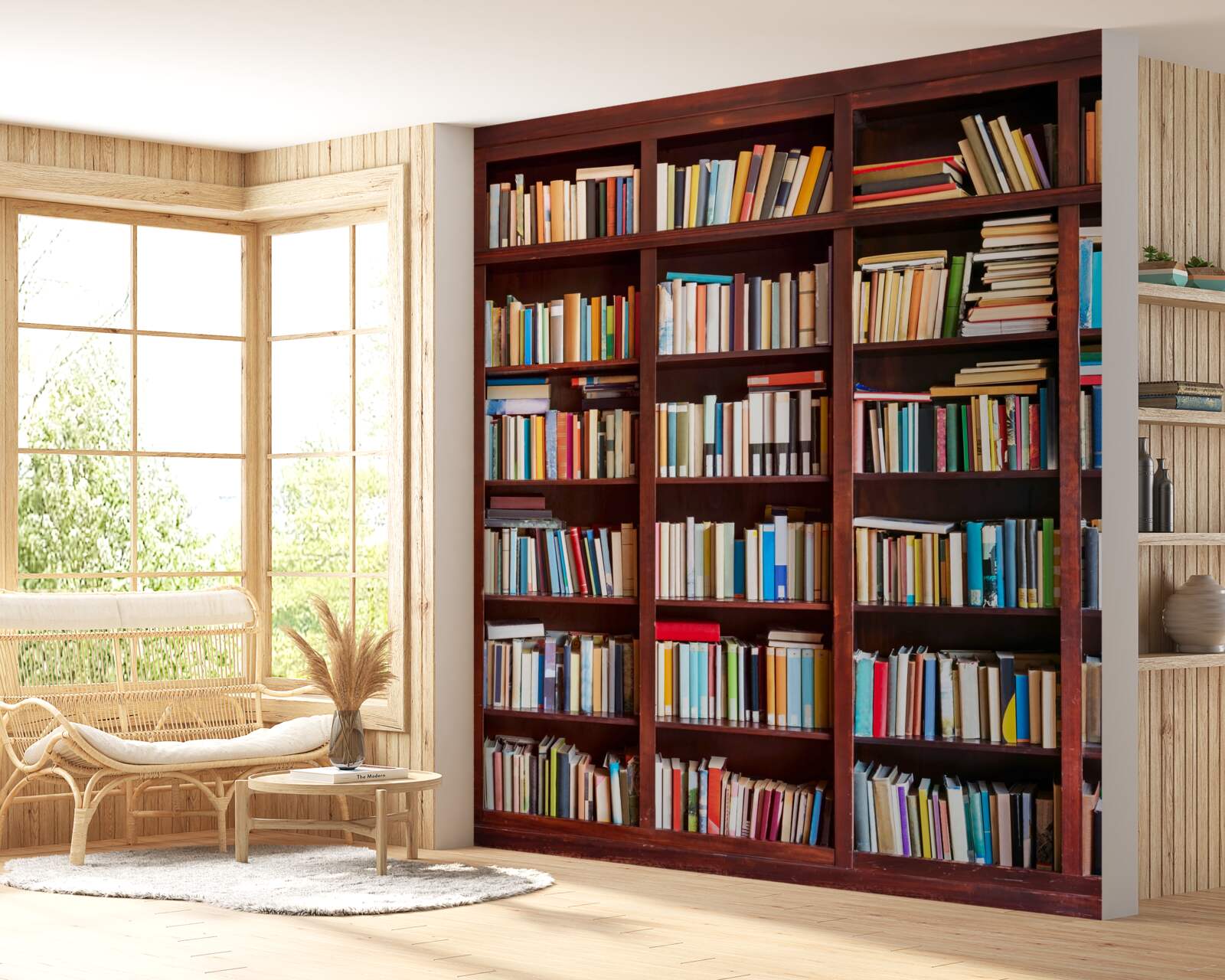 Фотошпалери ряди книг різних кольорів на полицях