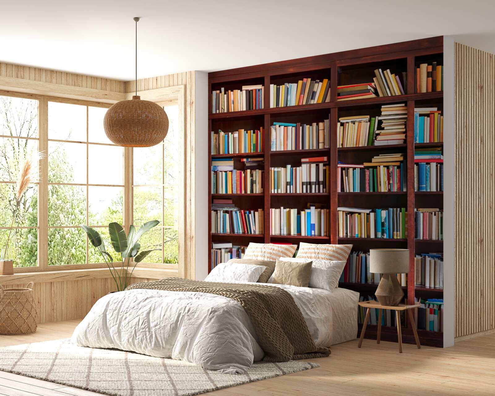 Фотошпалери ряди книг різних кольорів на полицях