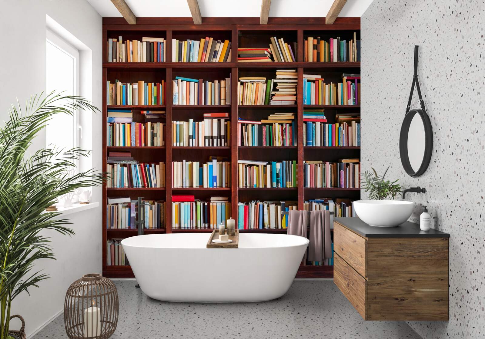 Фотошпалери ряди книг різних кольорів на полицях