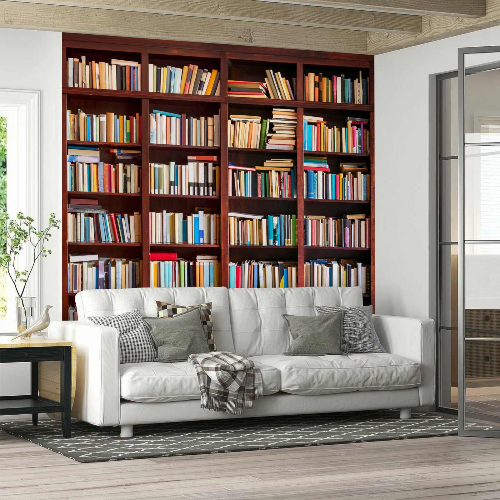 Фотошпалери ряди книг різних кольорів на полицях