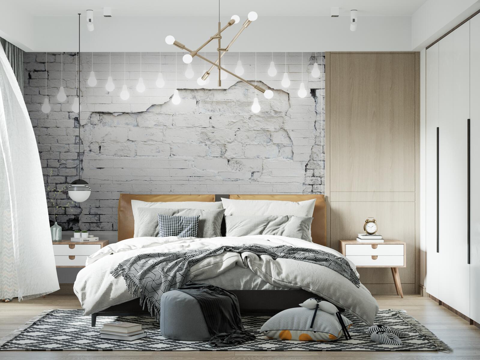 Фотошпалери біла цегляна стіна і лампочки на ній