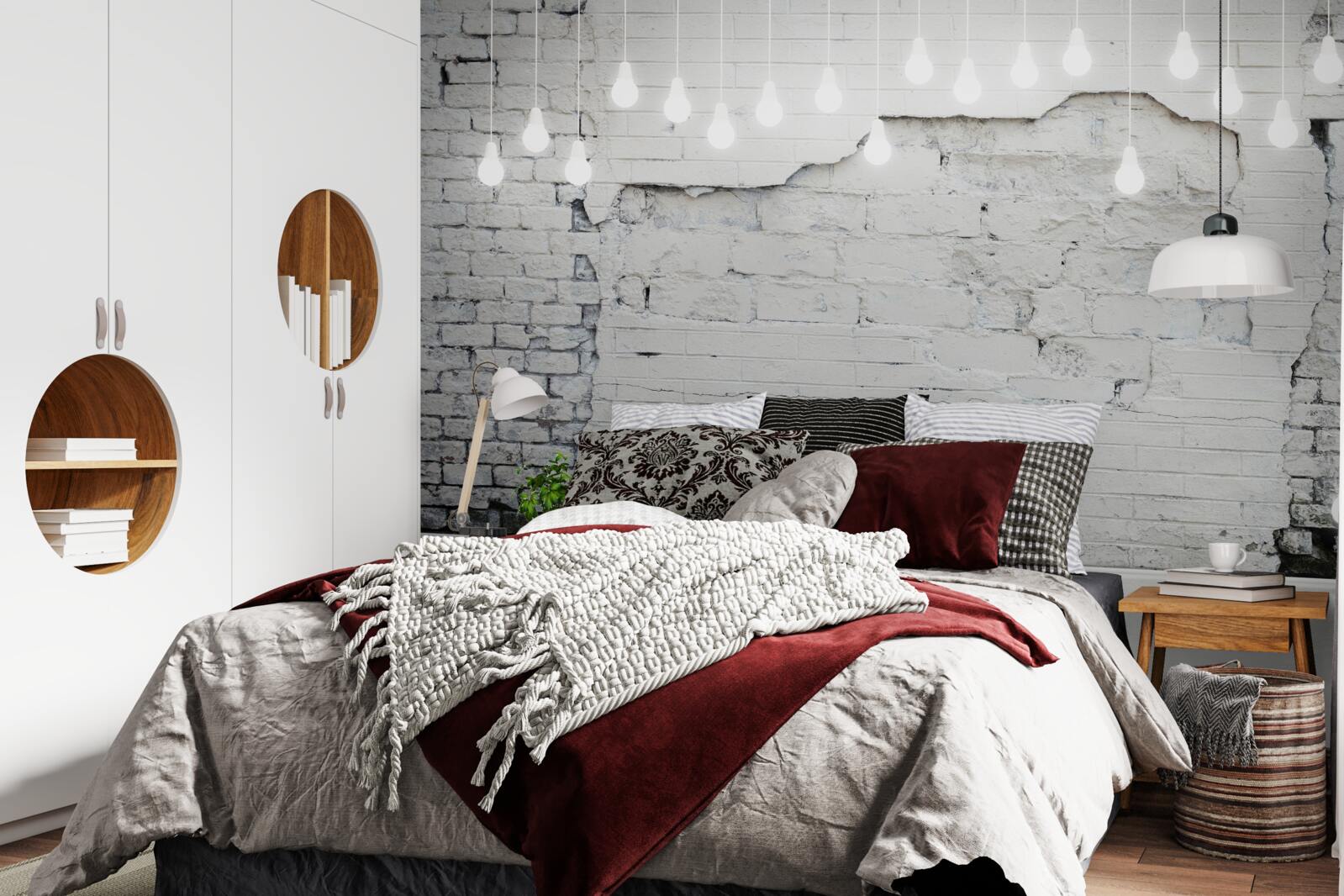 Фотошпалери біла цегляна стіна і лампочки на ній