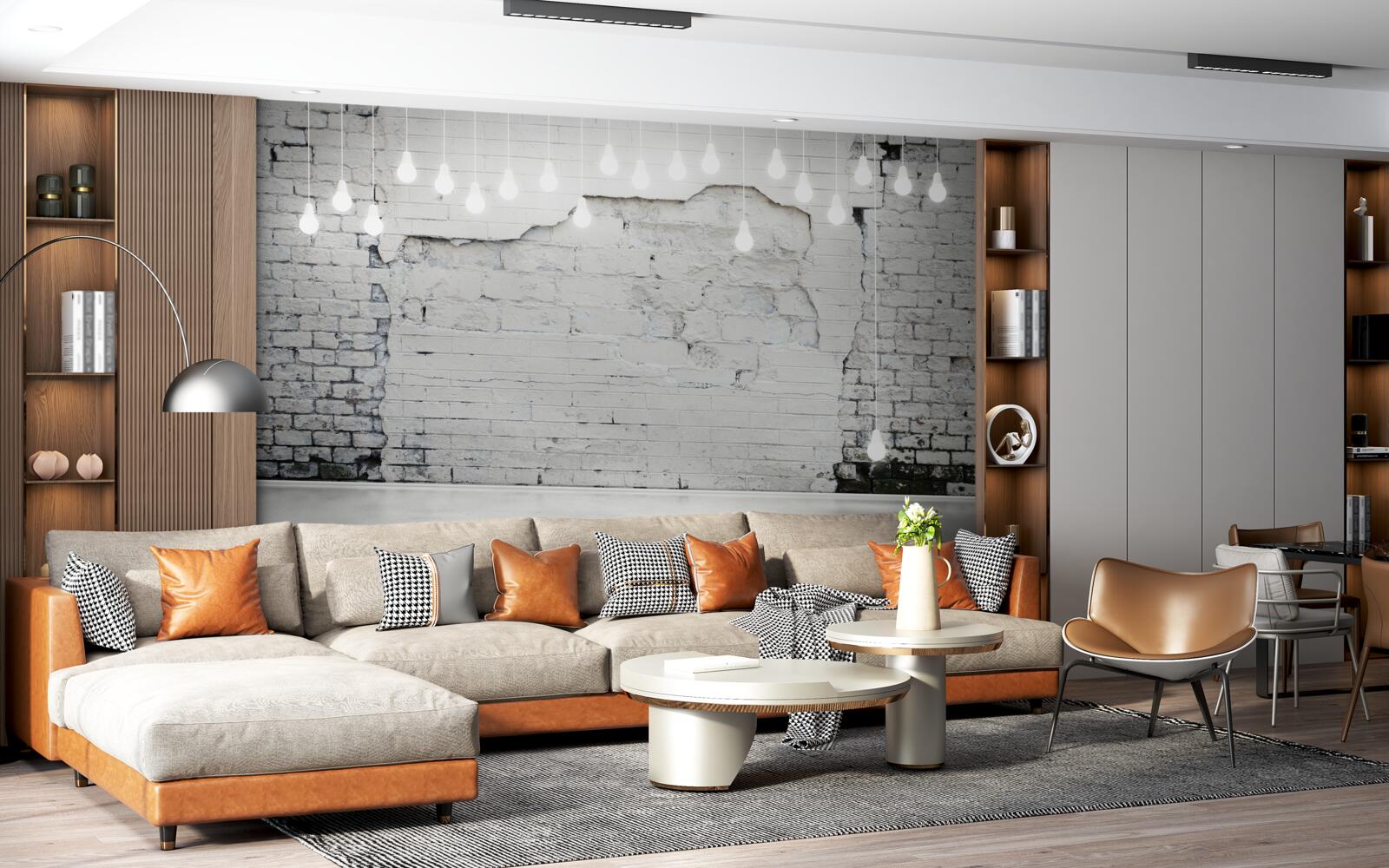 Фотошпалери біла цегляна стіна і лампочки на ній