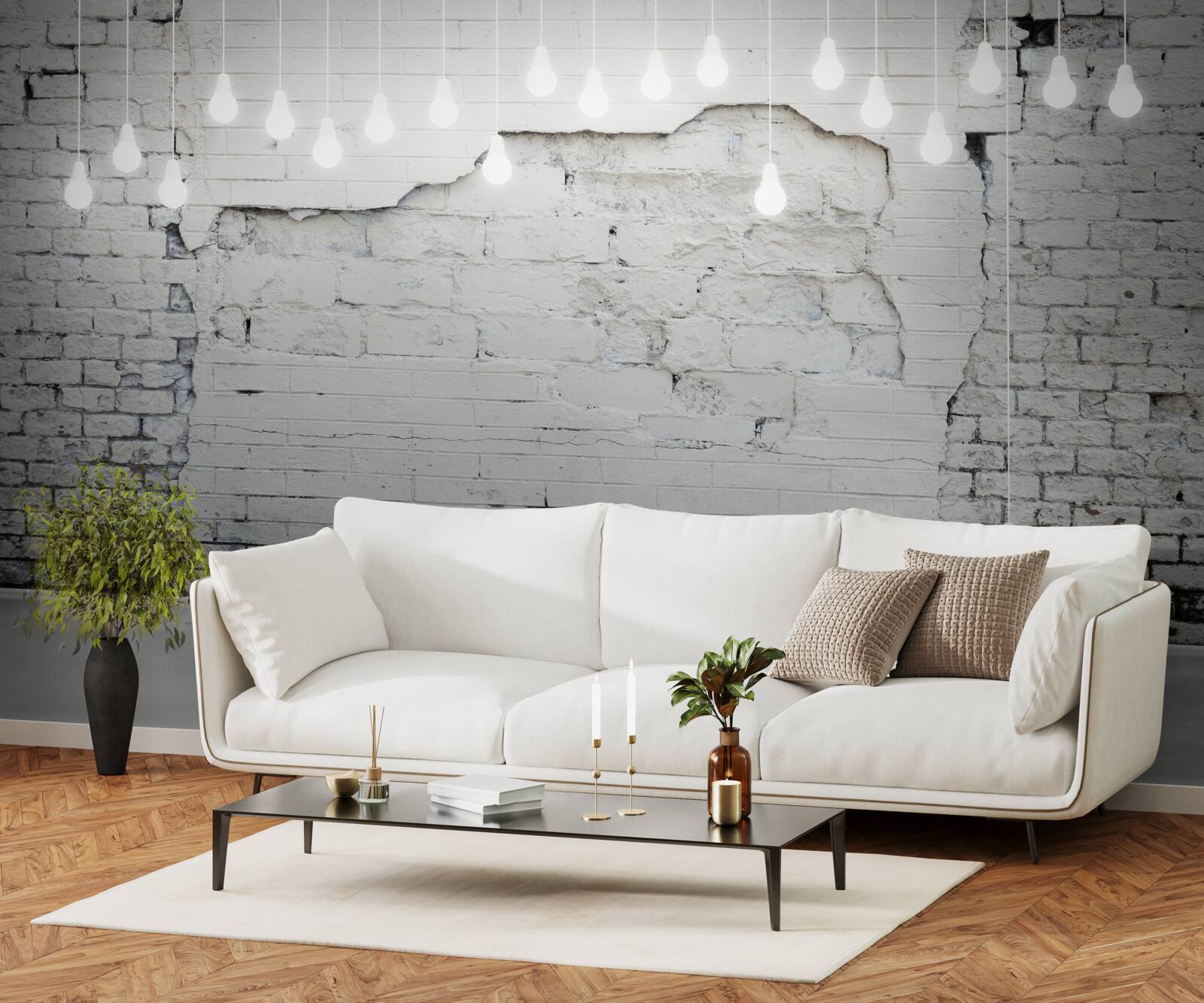 Фотошпалери біла цегляна стіна і лампочки на ній