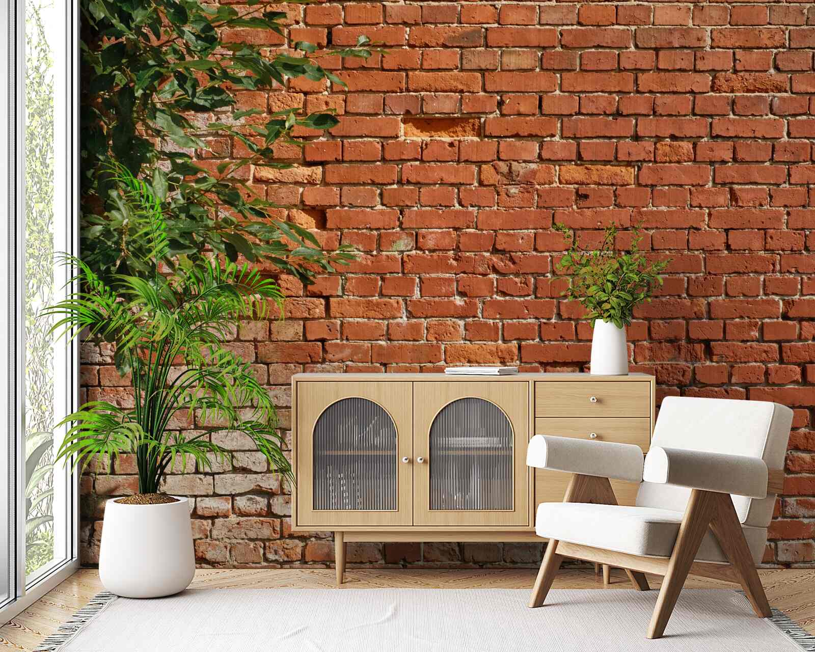 Фотошпалери дерев'яна гілка біля цегляного паркану