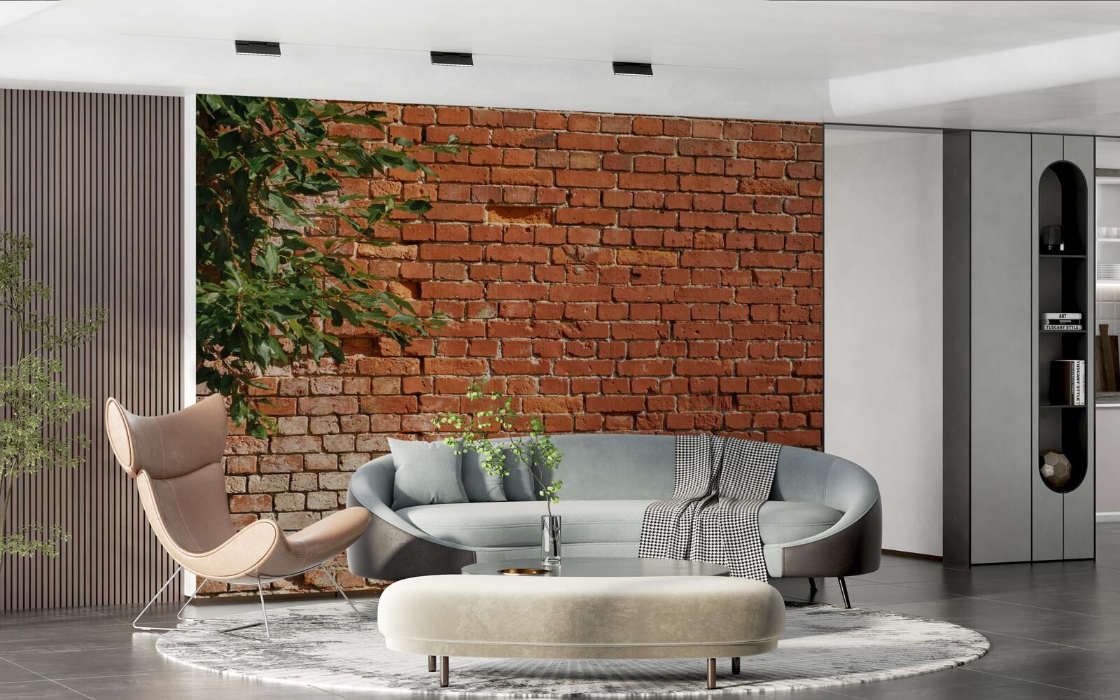 Фотошпалери дерев'яна гілка біля цегляного паркану