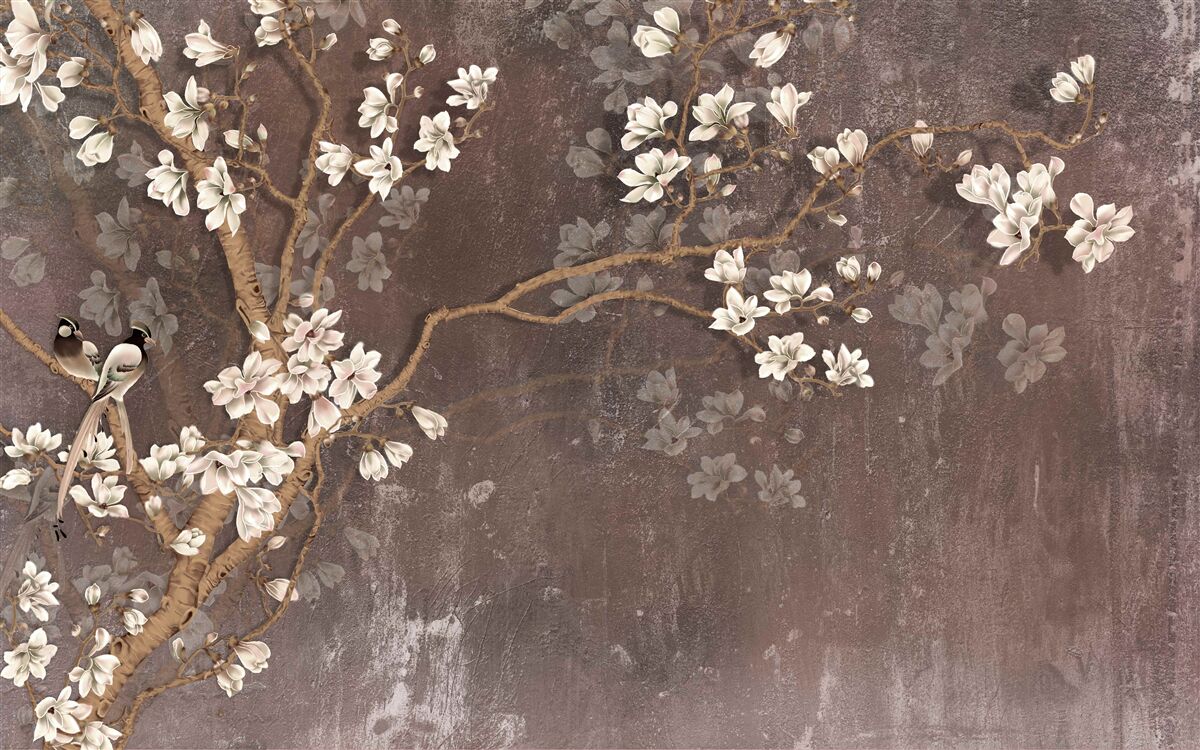 Фотошпалери дві пташині істоти на дереві, увінчаному квітами