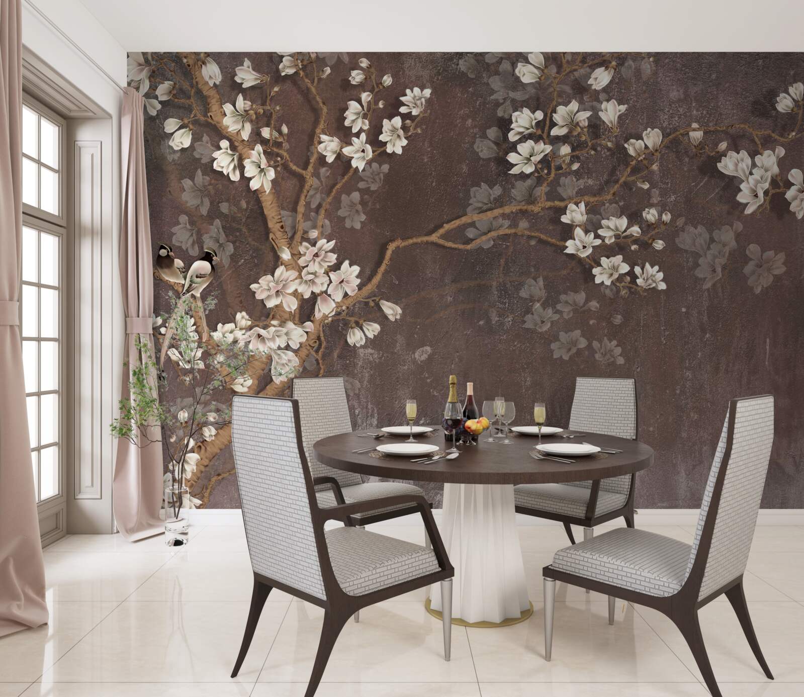 Фотошпалери дві пташині істоти на дереві, увінчаному квітами