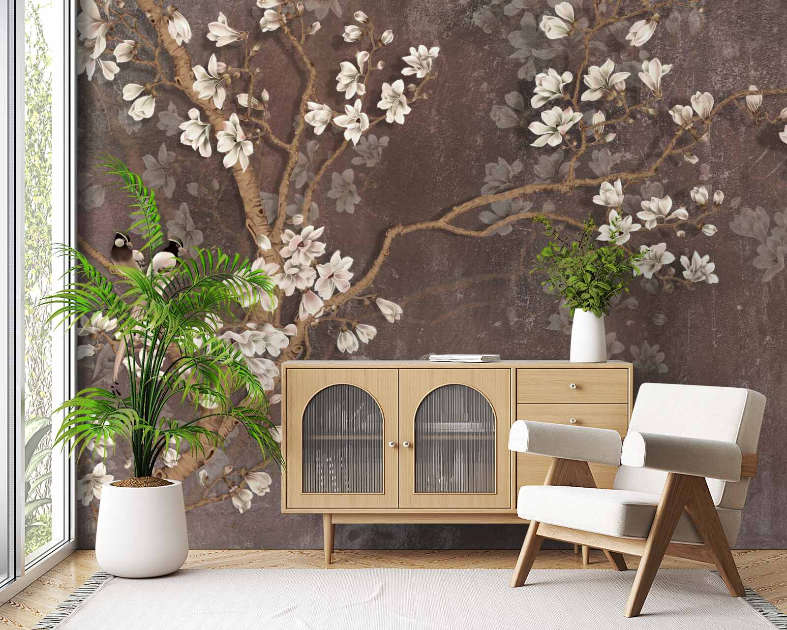 Фотошпалери дві пташині істоти на дереві, увінчаному квітами