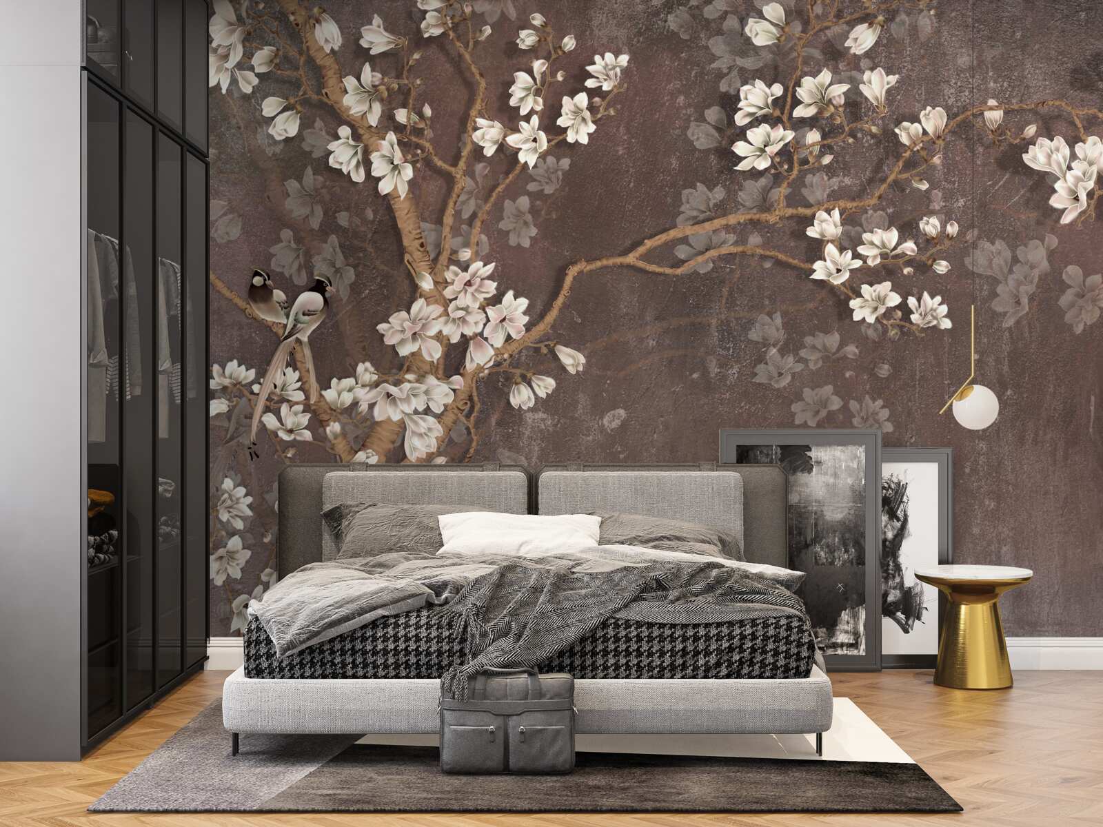 Фотошпалери дві пташині істоти на дереві, увінчаному квітами