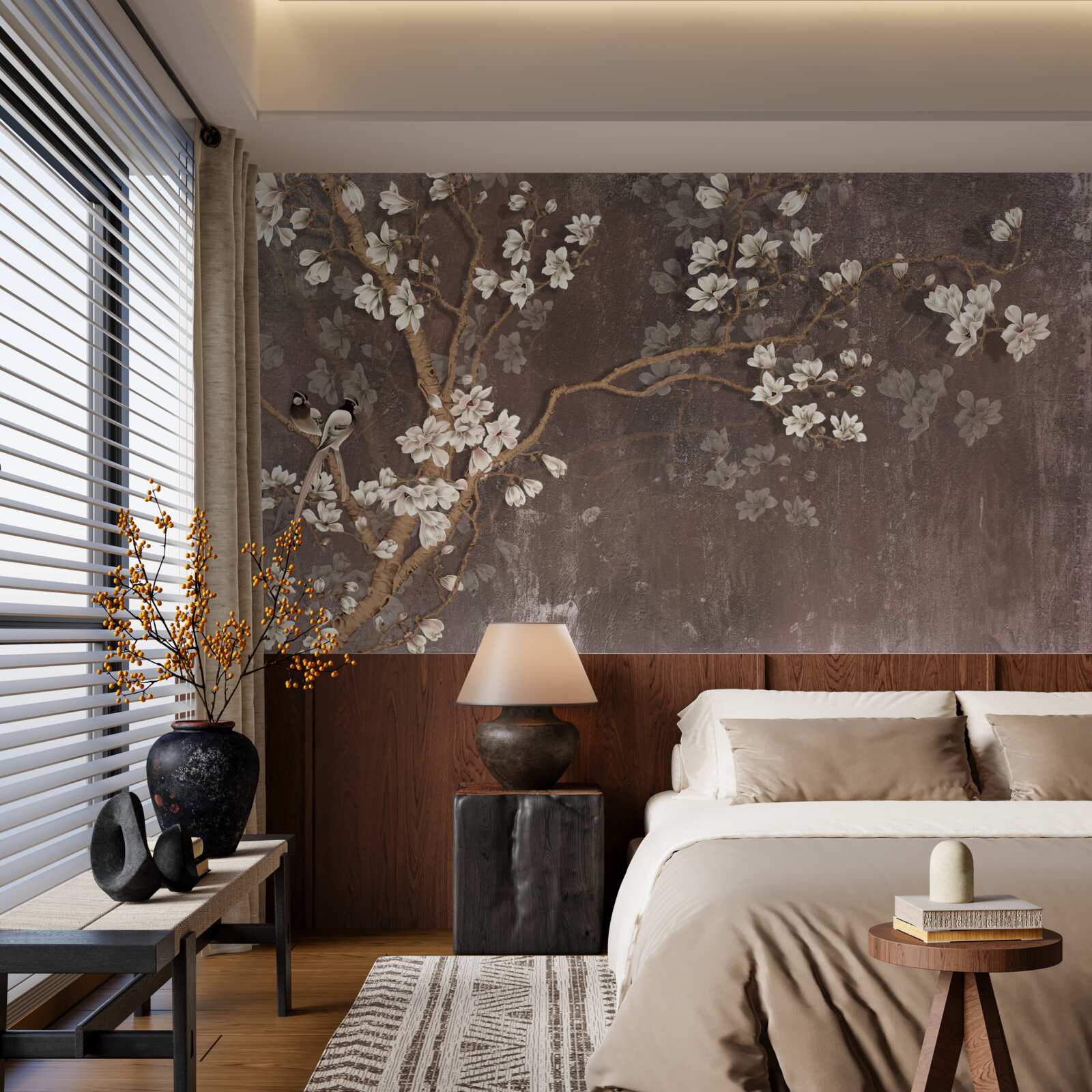 Фотошпалери дві пташині істоти на дереві, увінчаному квітами