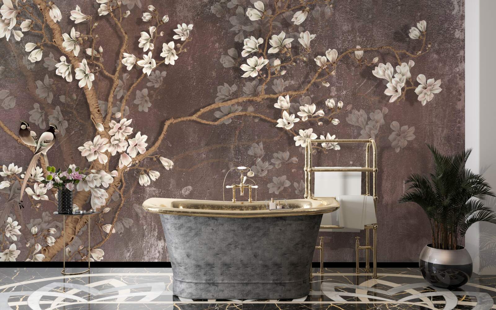 Фотошпалери дві пташині істоти на дереві, увінчаному квітами