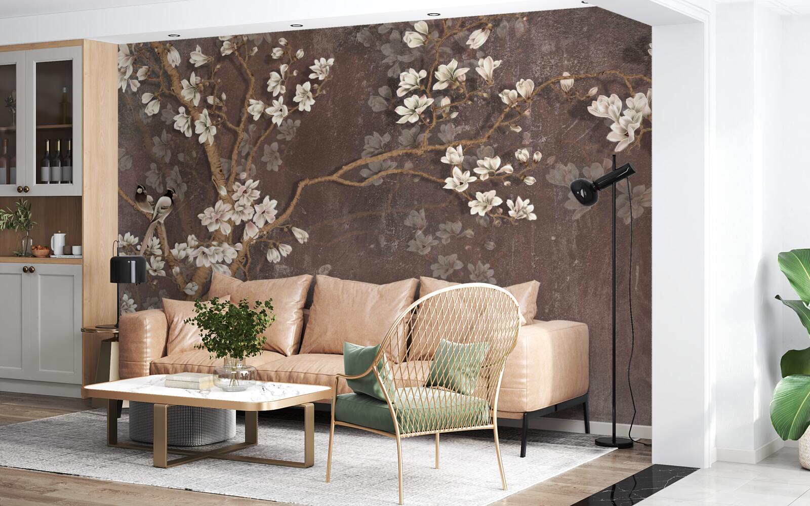 Фотошпалери дві пташині істоти на дереві, увінчаному квітами