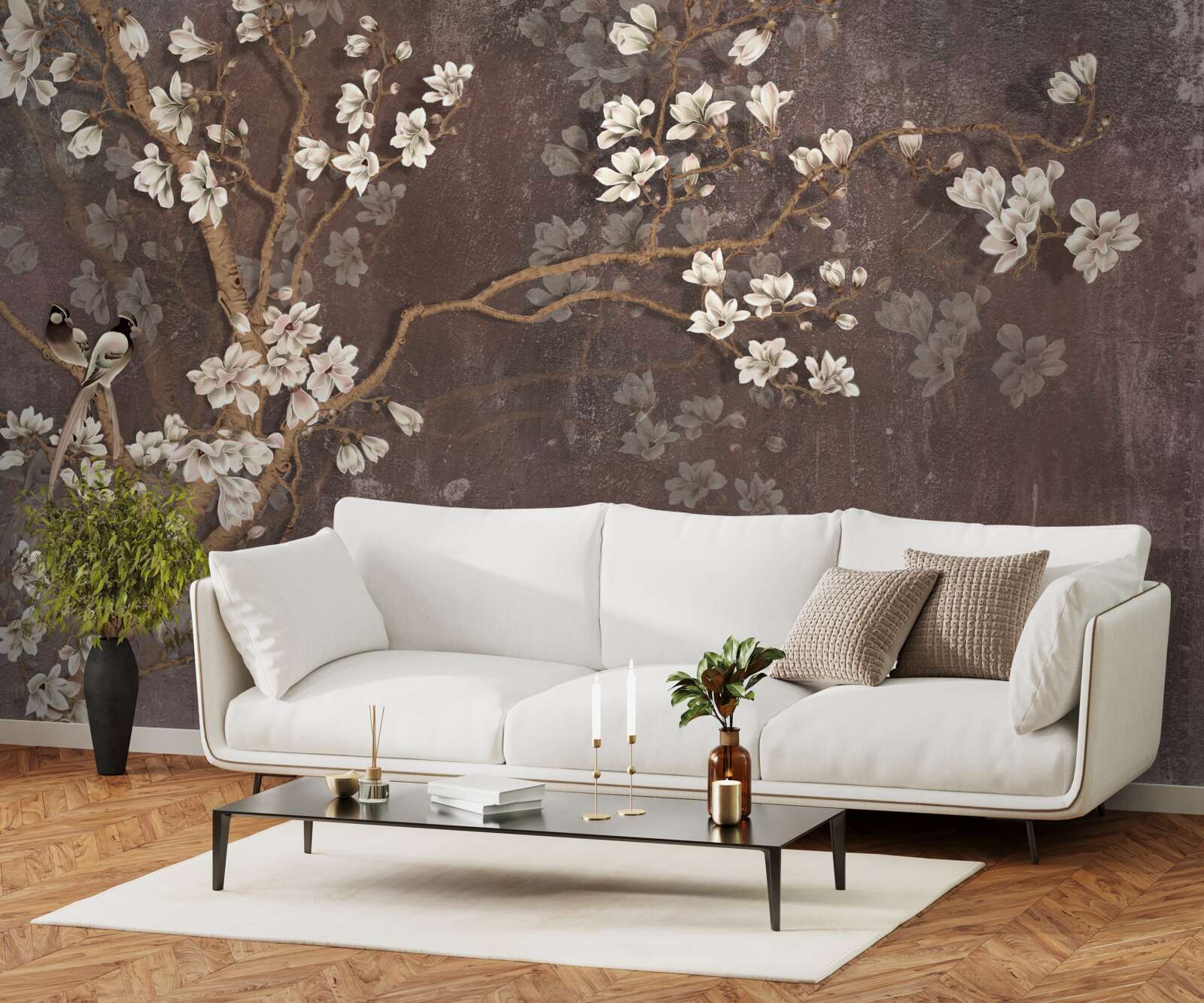 Фотошпалери дві пташині істоти на дереві, увінчаному квітами