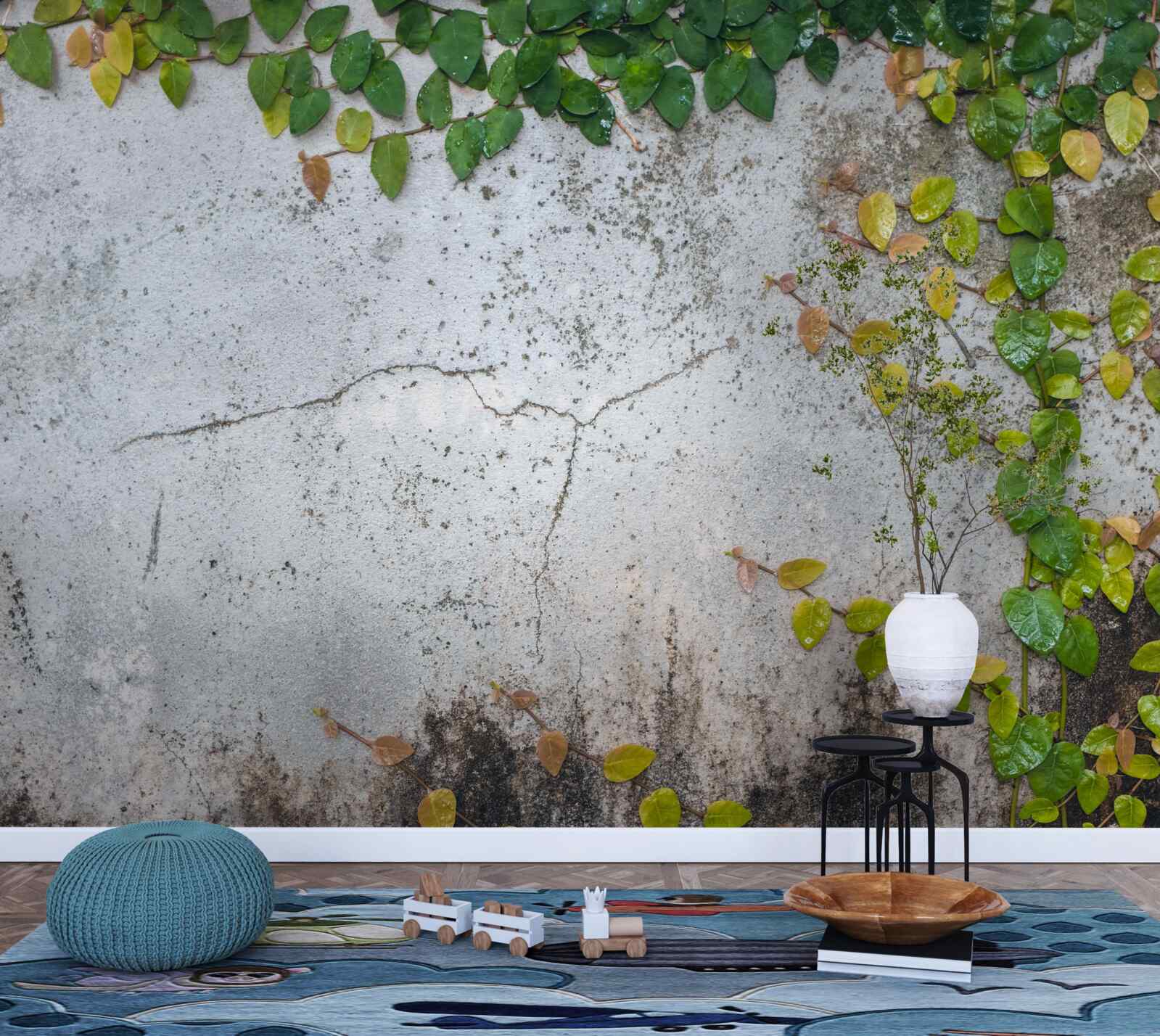 Фотошпалери листя зелено-жовте на сірому тлі