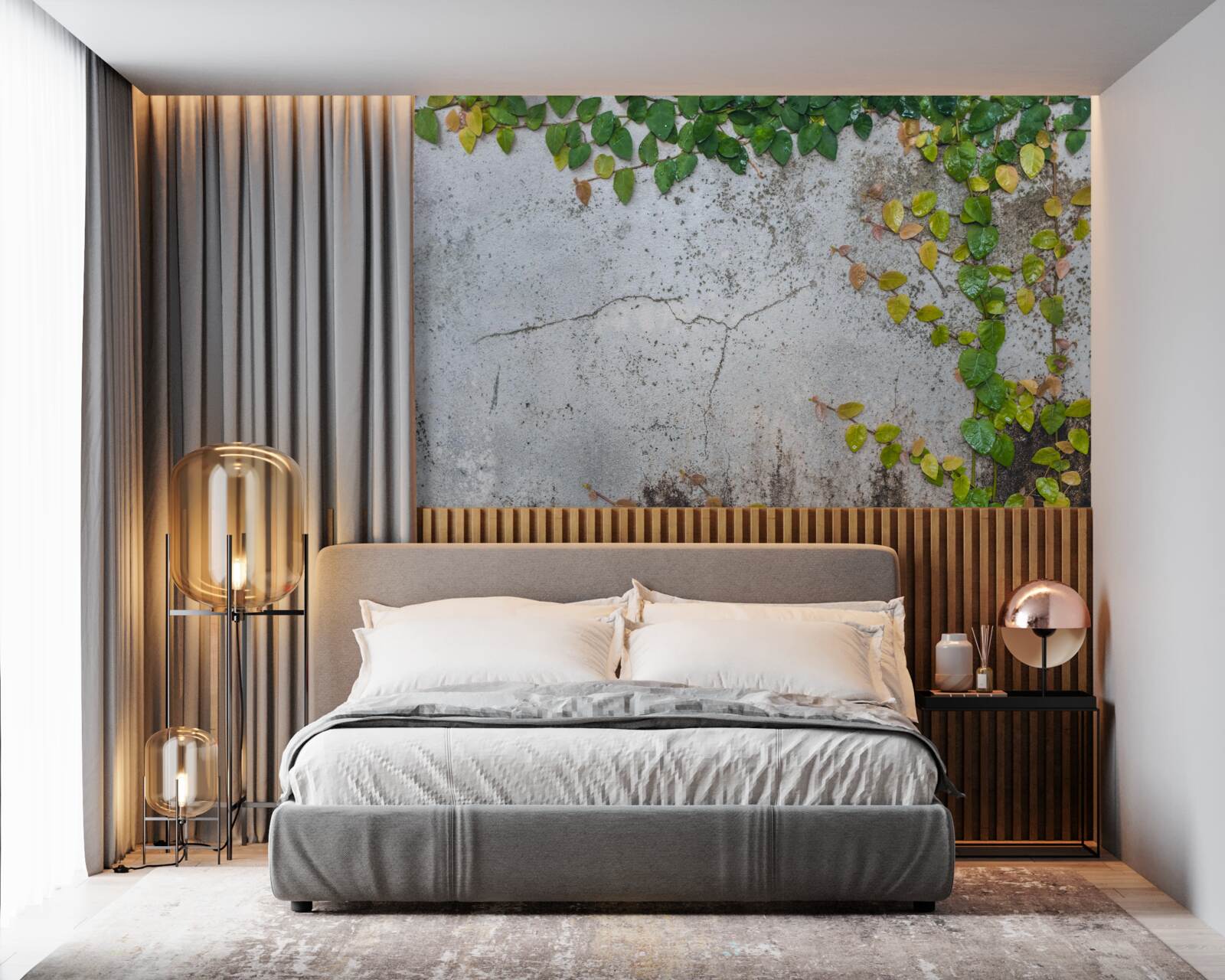 Фотошпалери листя зелено-жовте на сірому тлі