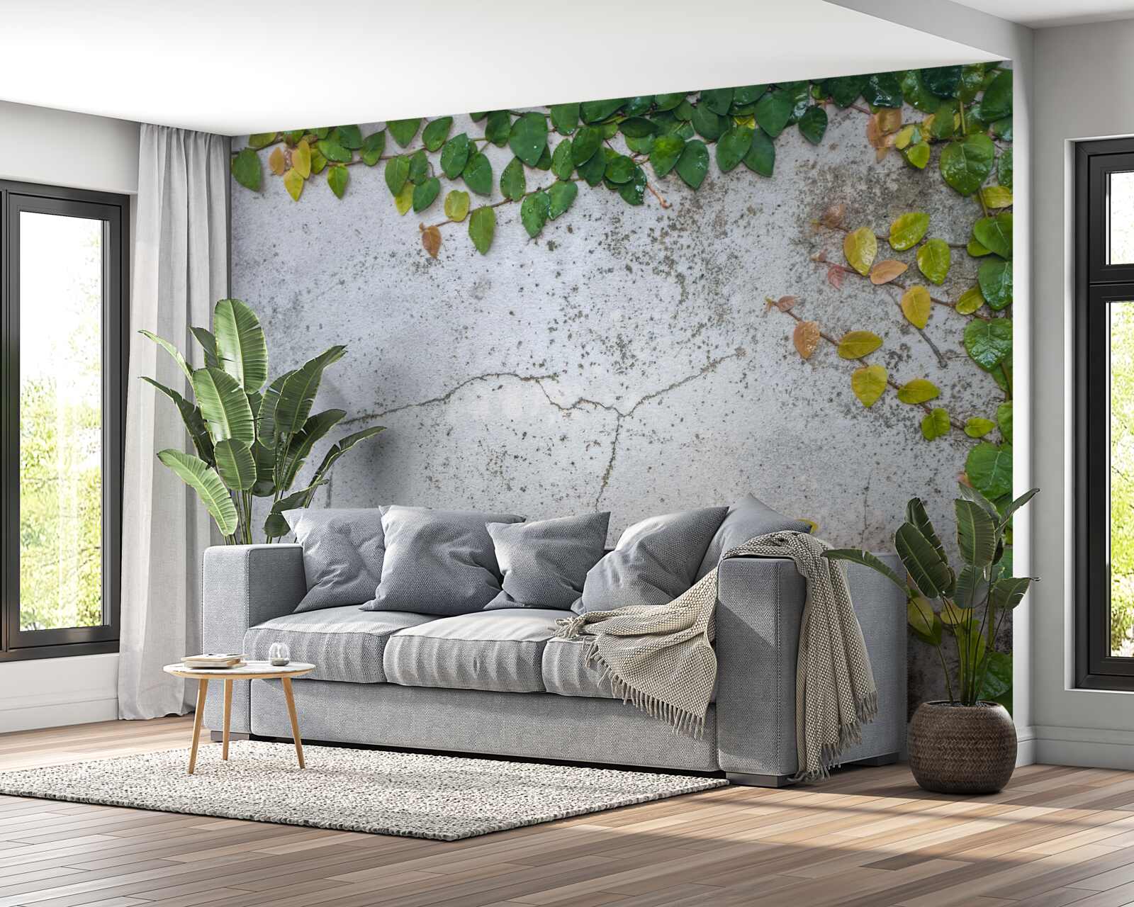 Фотошпалери листя зелено-жовте на сірому тлі