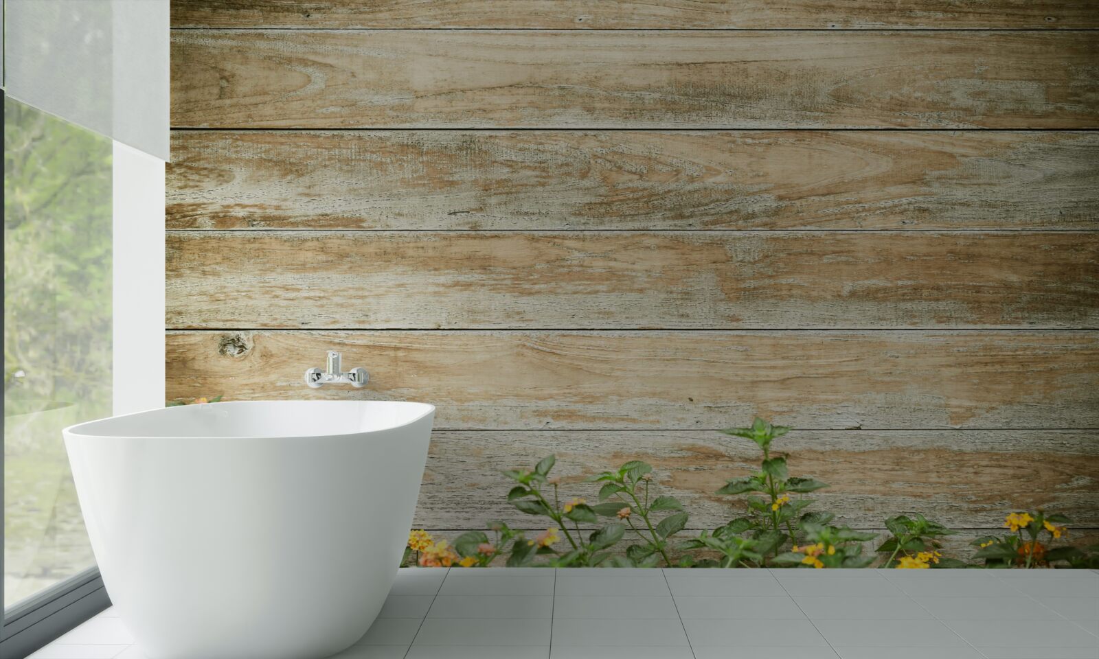 Фотошпалери жовті квіти на тлі паркету в оточенні зелені