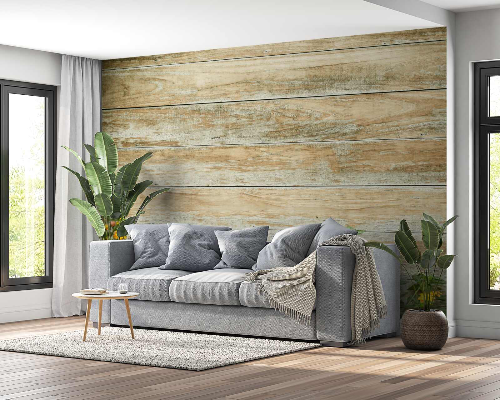 Фотошпалери жовті квіти на тлі паркету в оточенні зелені