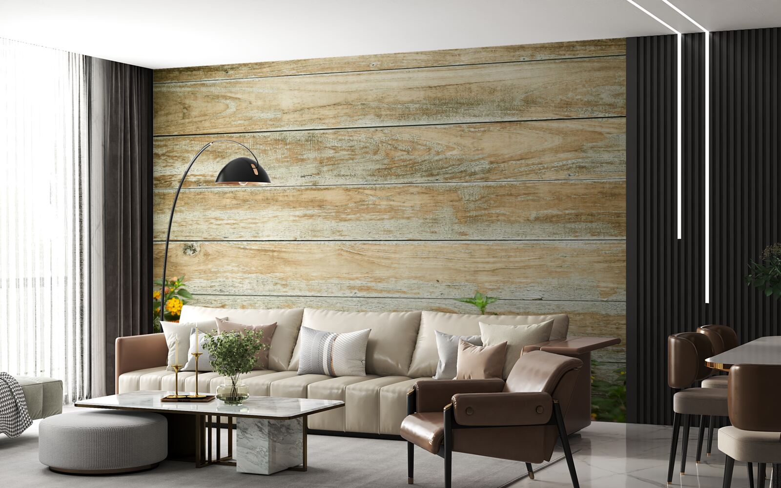 Фотошпалери жовті квіти на тлі паркету в оточенні зелені