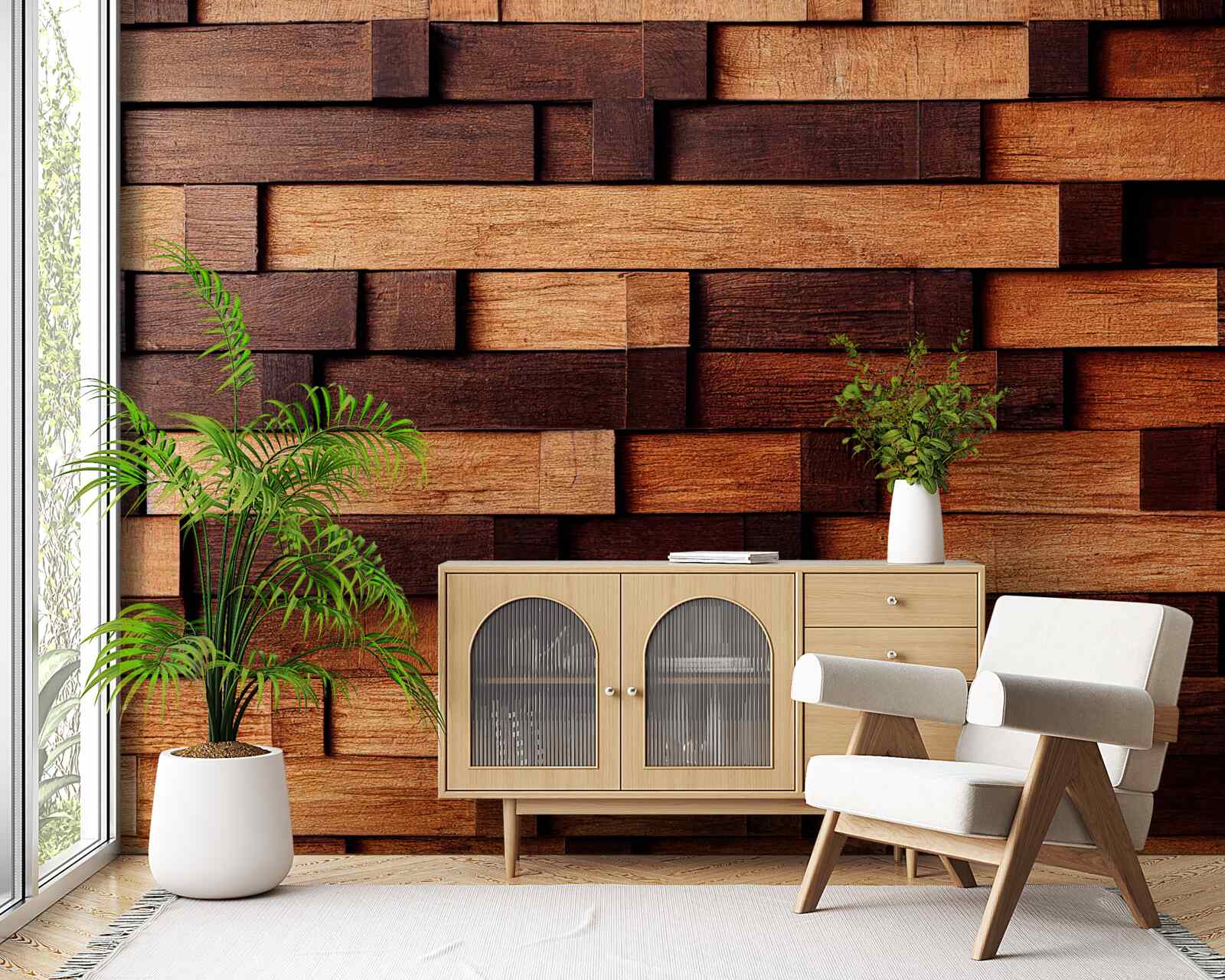 Фотошпалери Стіна зібрана з дерев'яних балок у відтінках темно-коричневого та світло-коричневого кольорів