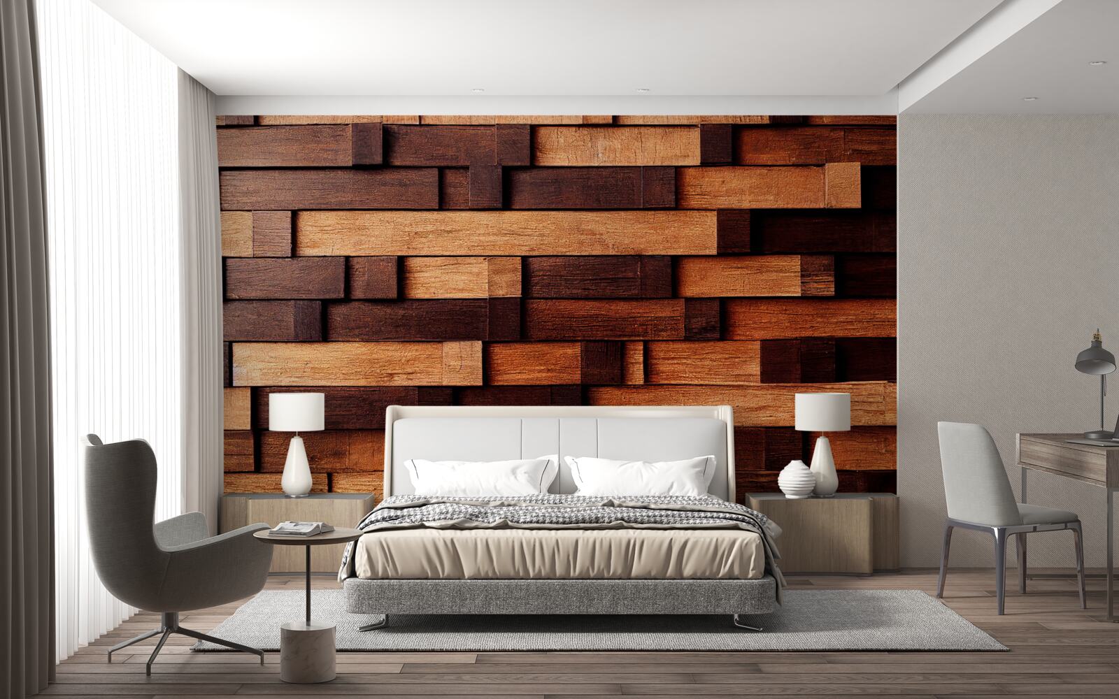 Фотошпалери Стіна зібрана з дерев'яних балок у відтінках темно-коричневого та світло-коричневого кольорів