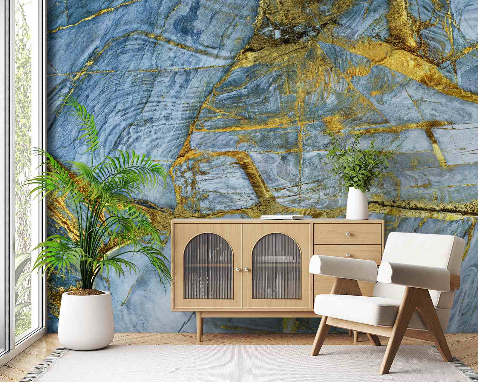 Фотошпалери виріз із золотистими відтінками на синьому тлі