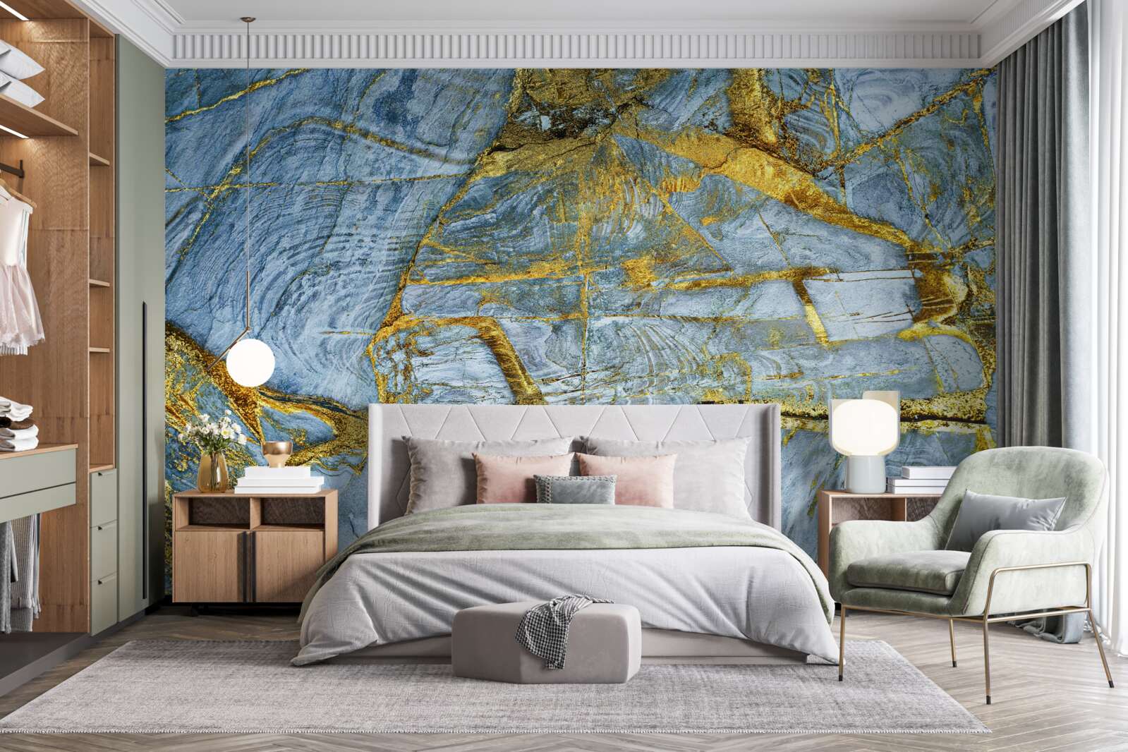 Фотошпалери виріз із золотистими відтінками на синьому тлі