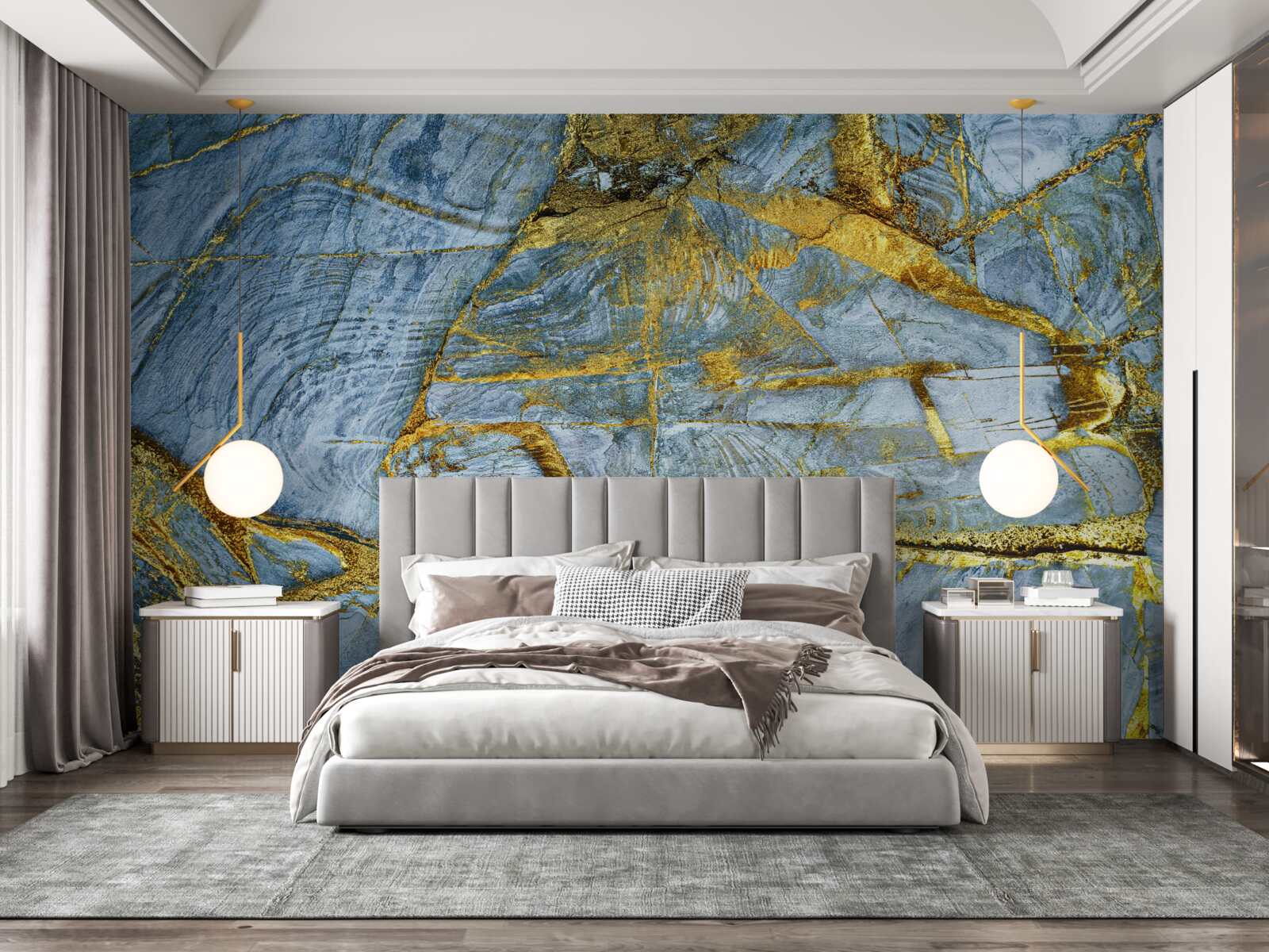 Фотошпалери виріз із золотистими відтінками на синьому тлі