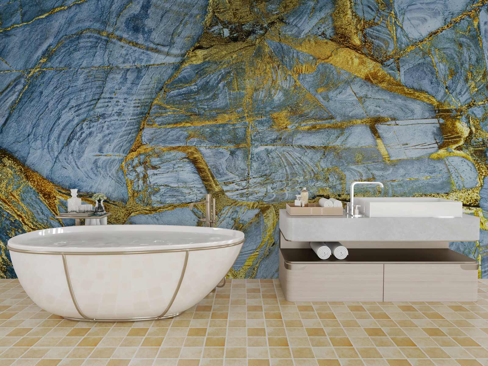 Фотошпалери виріз із золотистими відтінками на синьому тлі