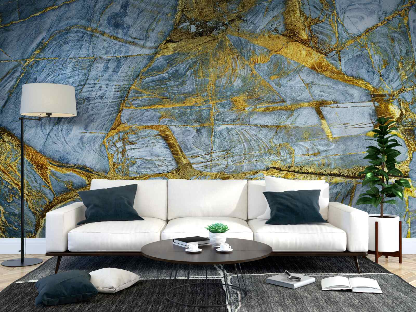 Фотошпалери виріз із золотистими відтінками на синьому тлі