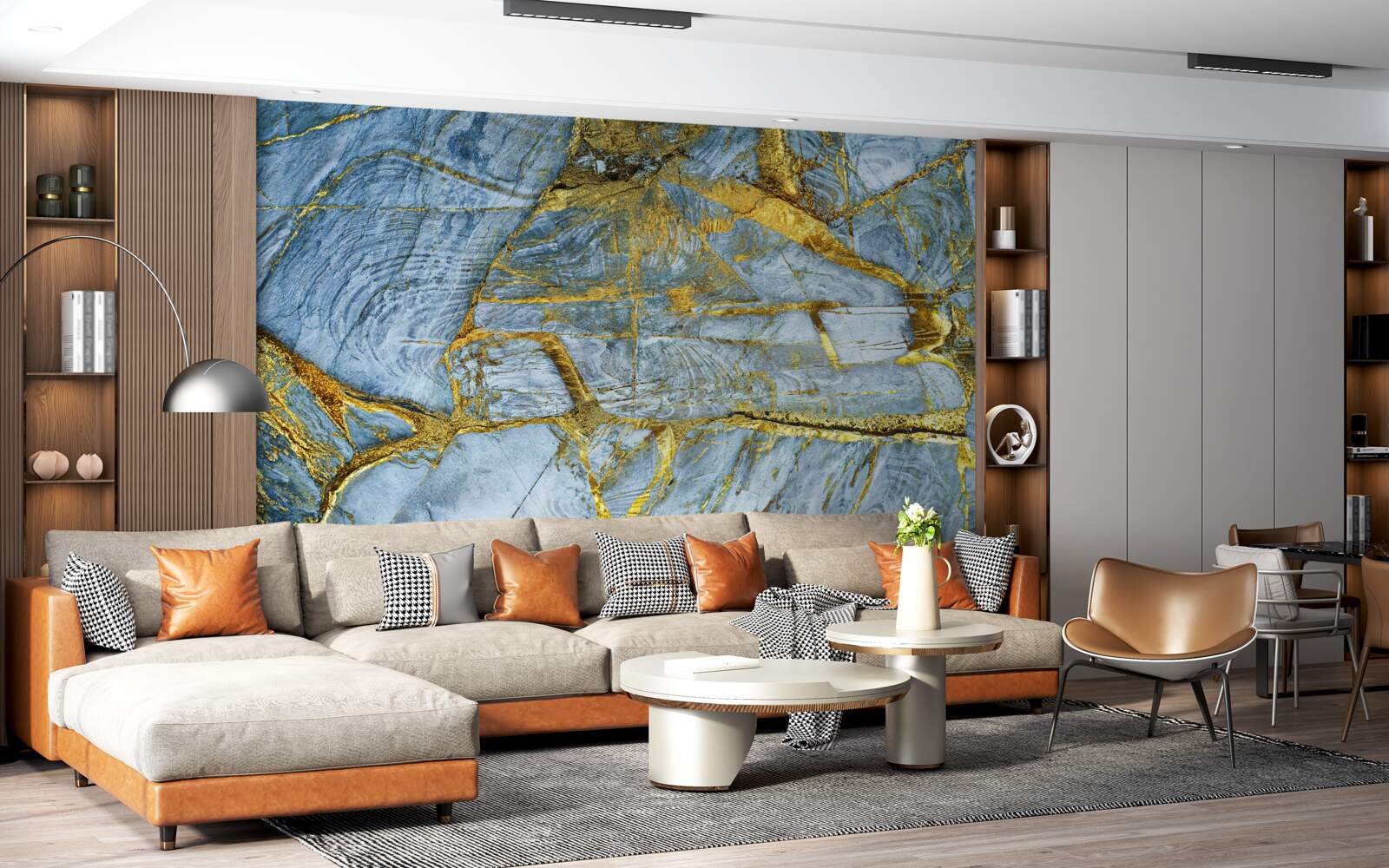 Фотошпалери виріз із золотистими відтінками на синьому тлі