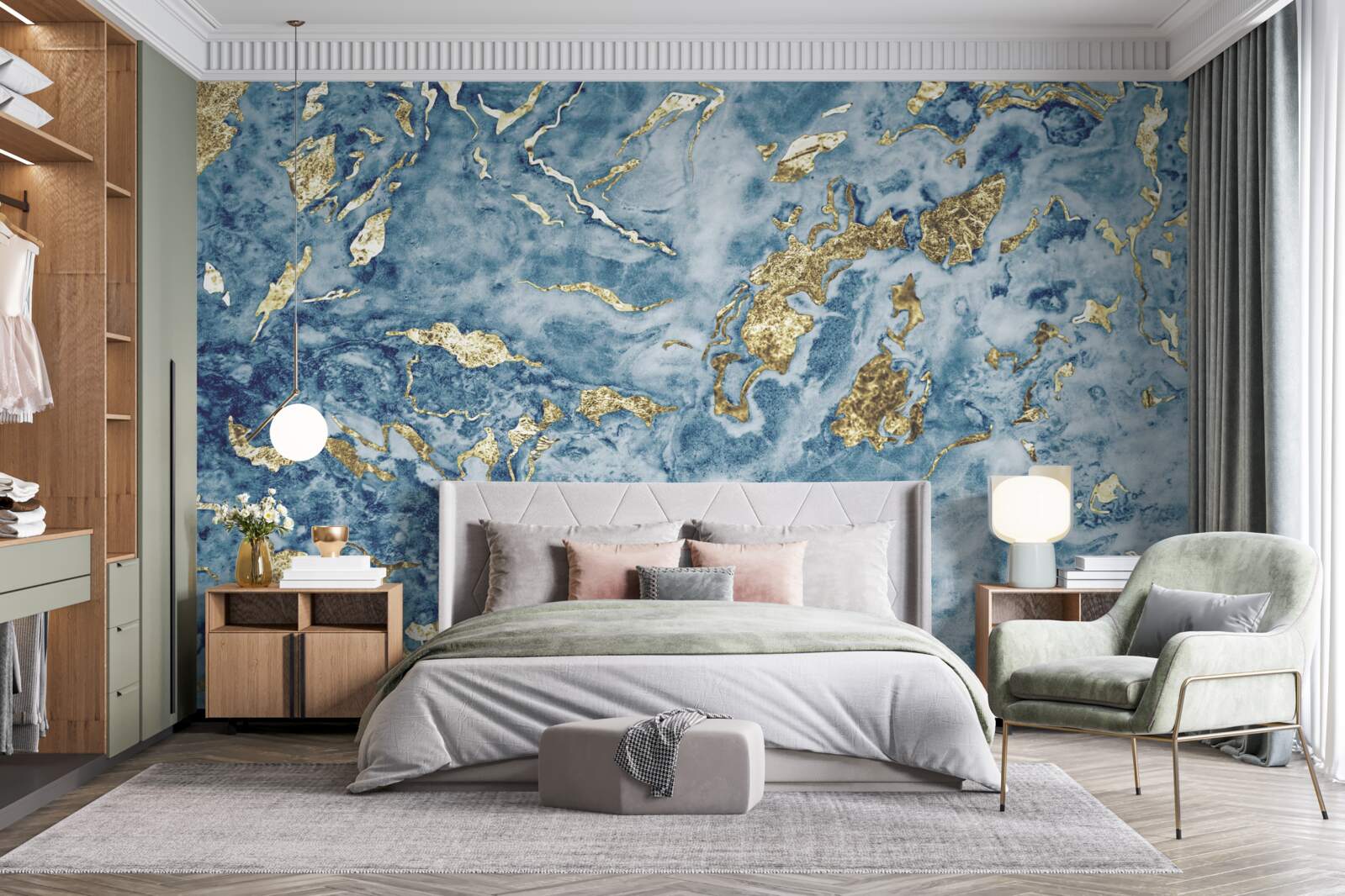 Фотошпалери блакитний мармур із золотими прожилками
