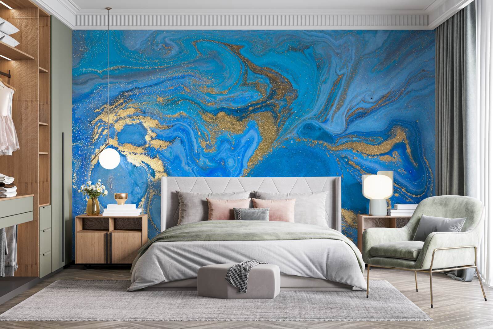 Фотошпалери синьо-золотий у стилі мармуру