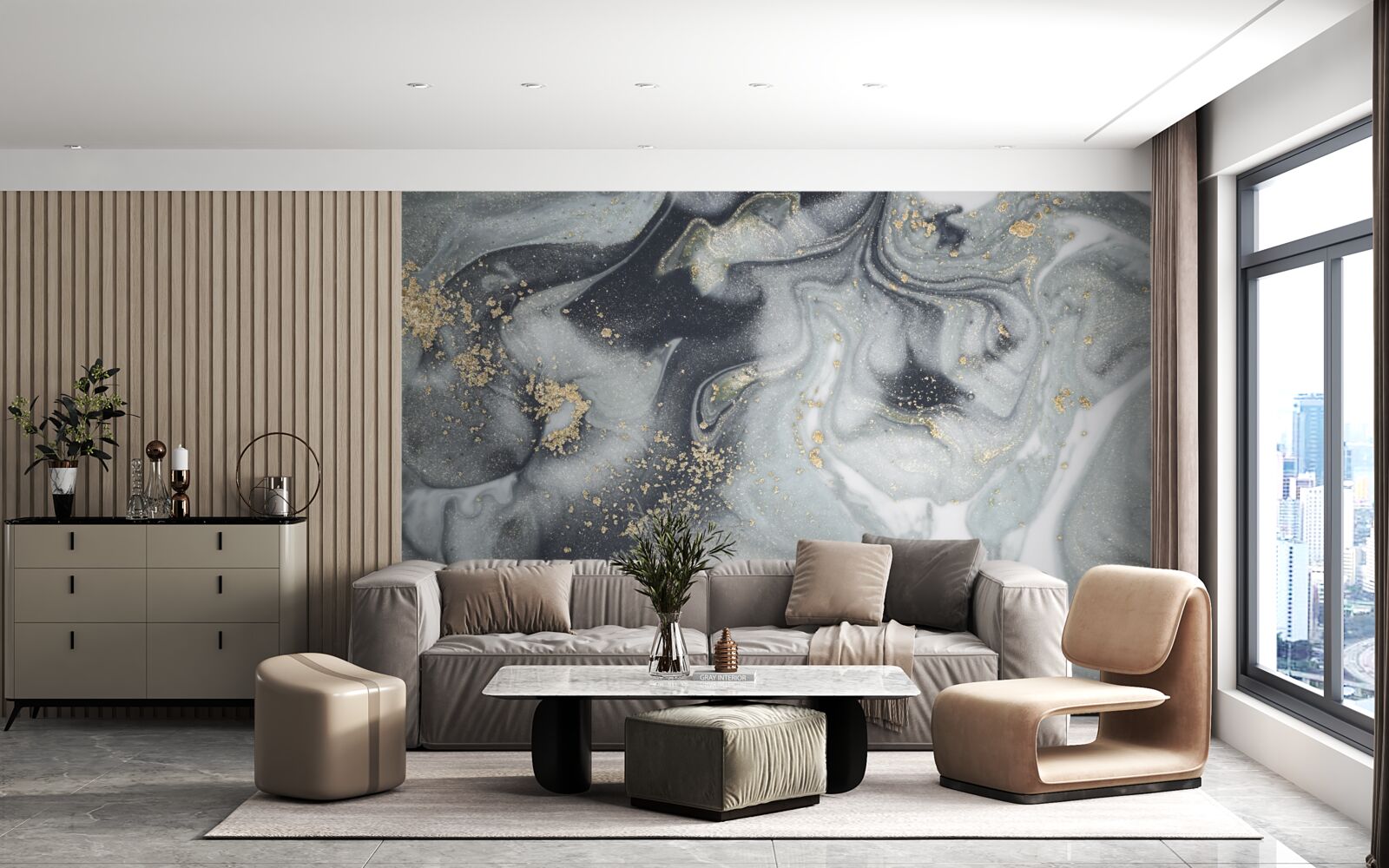 Фотошпалери золоті піщинки на сірій мармуровій поверхні